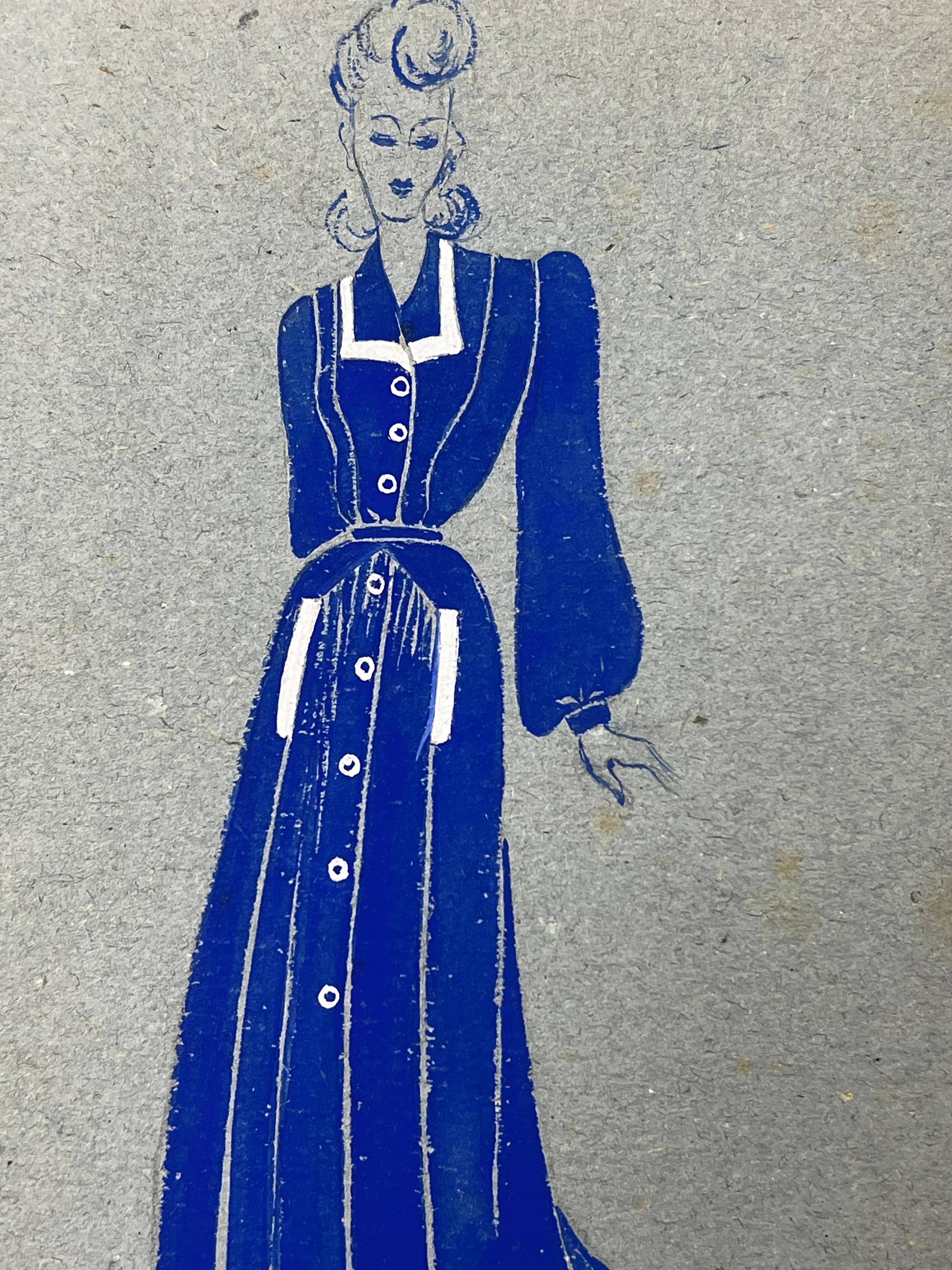 20th Century 1940's Fashion Illustration, Lady in Blue Dress For Sale