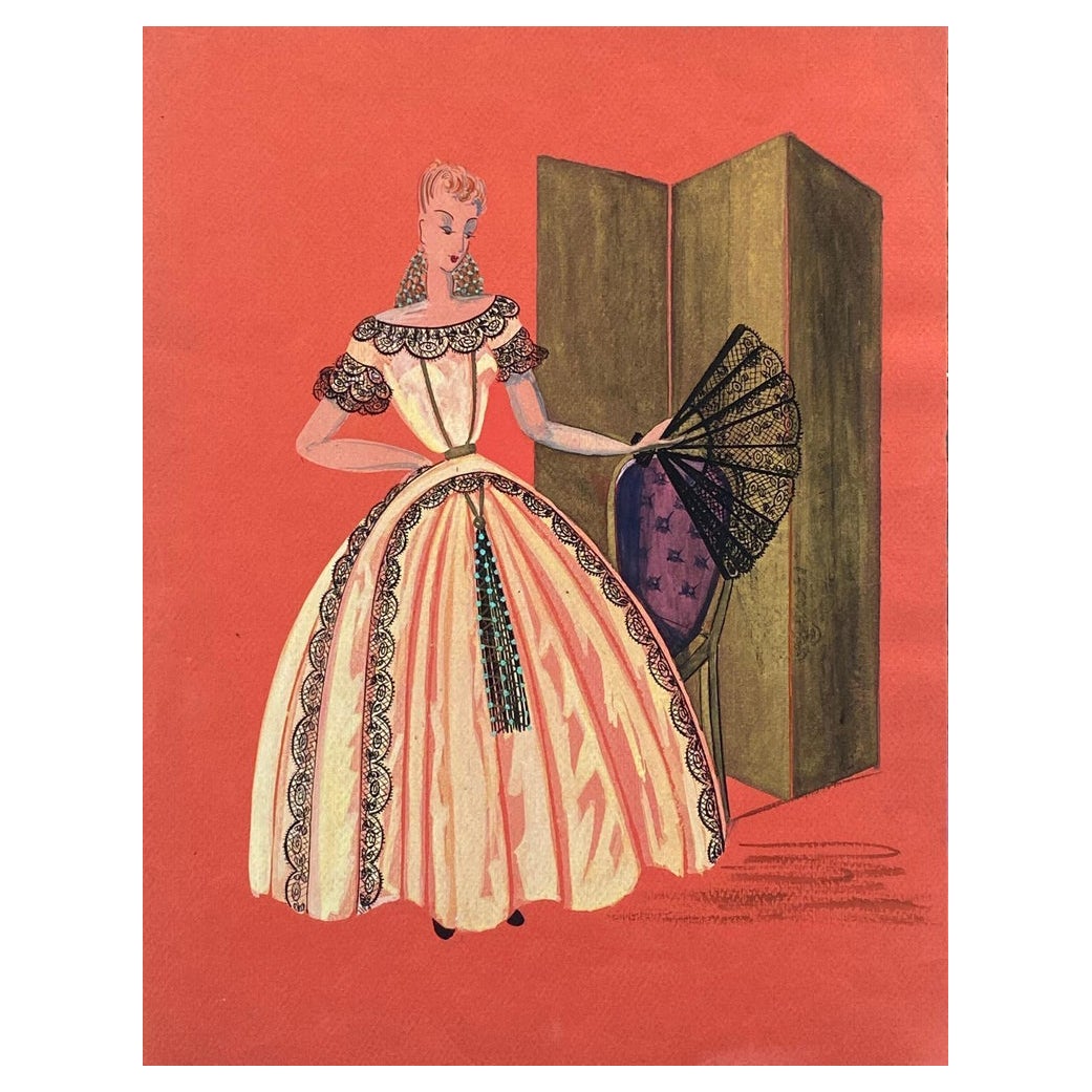 1940er Jahre Mode Illustration, Lady In Bridgerton-Stil Ballkleid mit Fächer