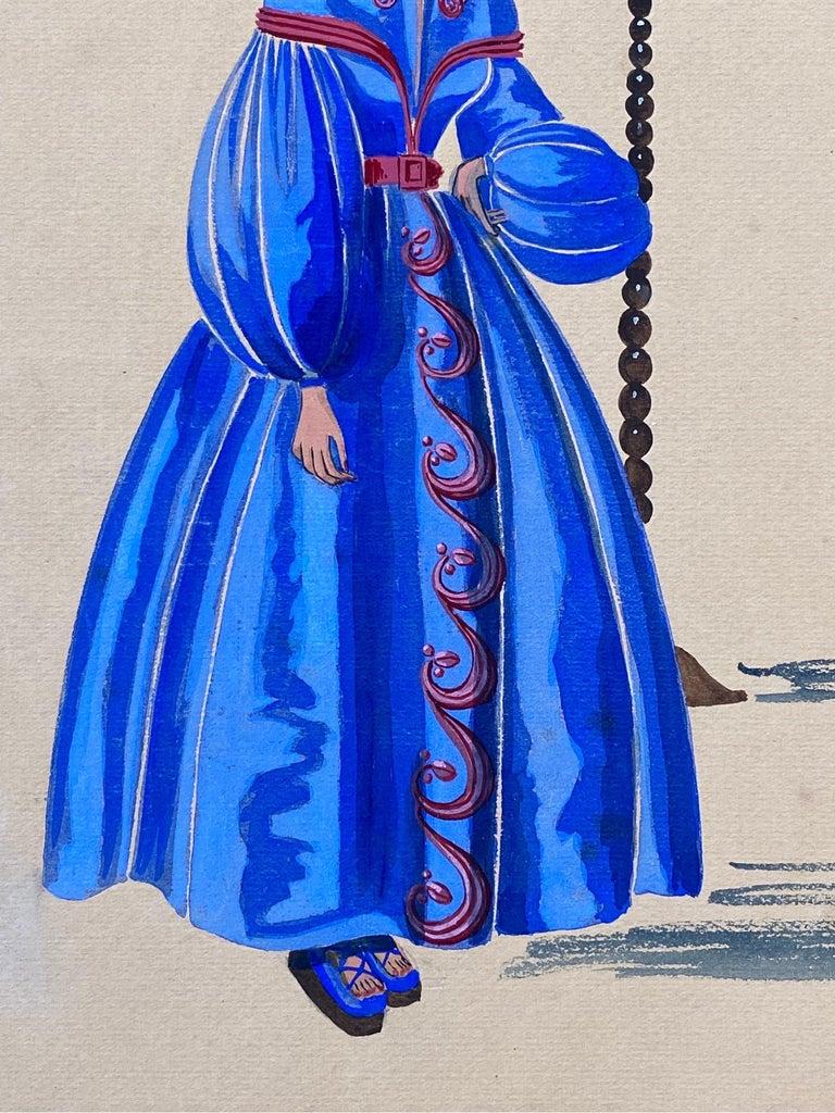 Illustrazione di moda degli anni '40, signora in abito blu brillante, scena d'interni In condizioni buone in vendita a Cirencester, GB
