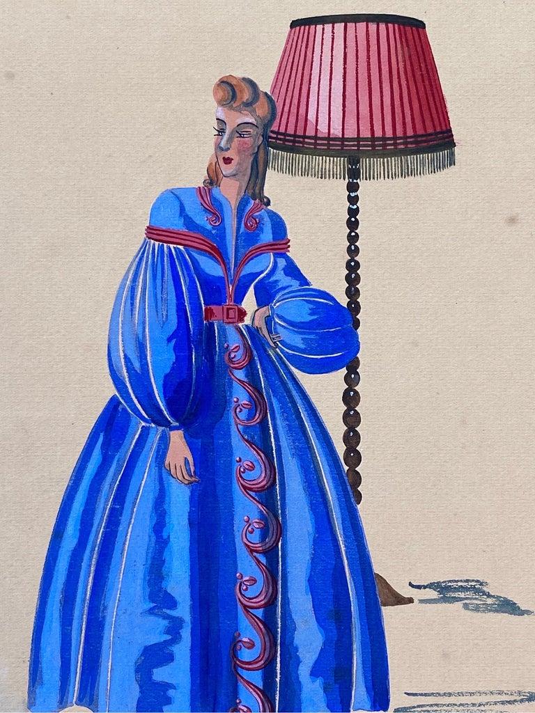 20th Century 1940's Fashion Illustration, Lady In Bright Blue Puffy Dress, Interior Scene For Sale