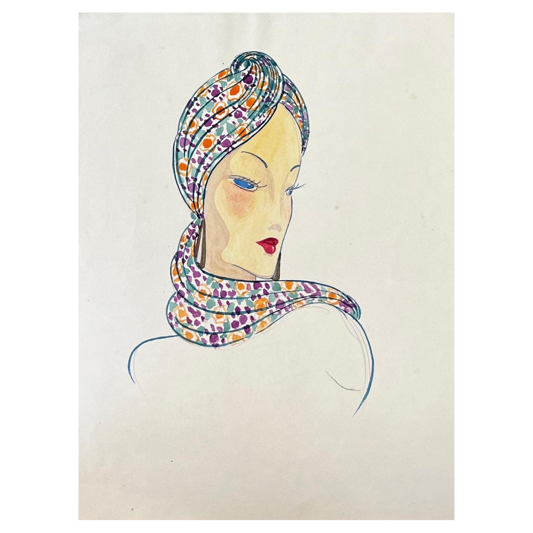 Illustration de mode des années 1940, Lady in Chic Headscarf