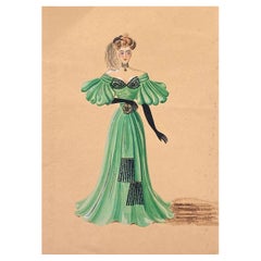 1940er Jahre Mode Illustration - Lady in Dashing Green Ballkleid
