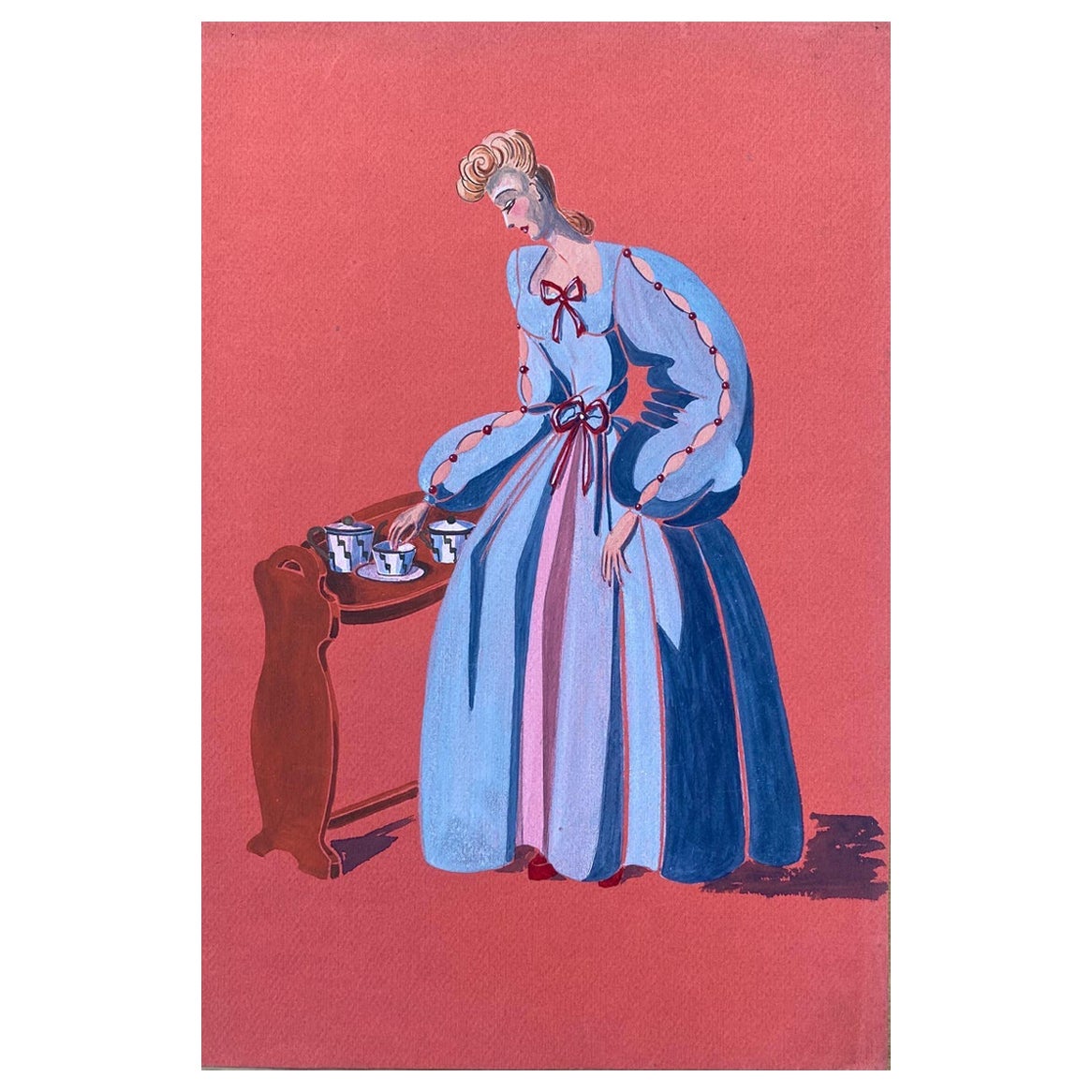 Illustration de mode des années 1940, superbe femme en robe bleu clair