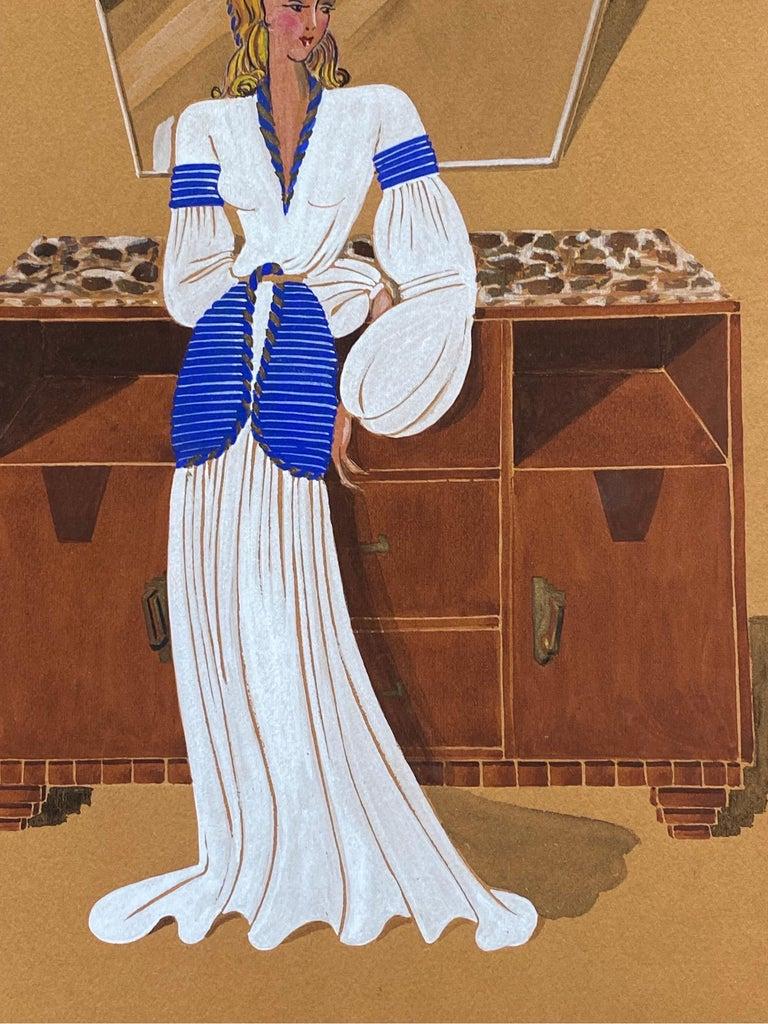 Illustrazione di moda degli anni '40 - Elegante signora bionda in abito bianco In condizioni buone in vendita a Cirencester, GB