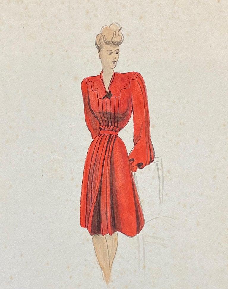 1940's Fashion Illustration, the Lady in the Red Dress For Sale at 1stDibs