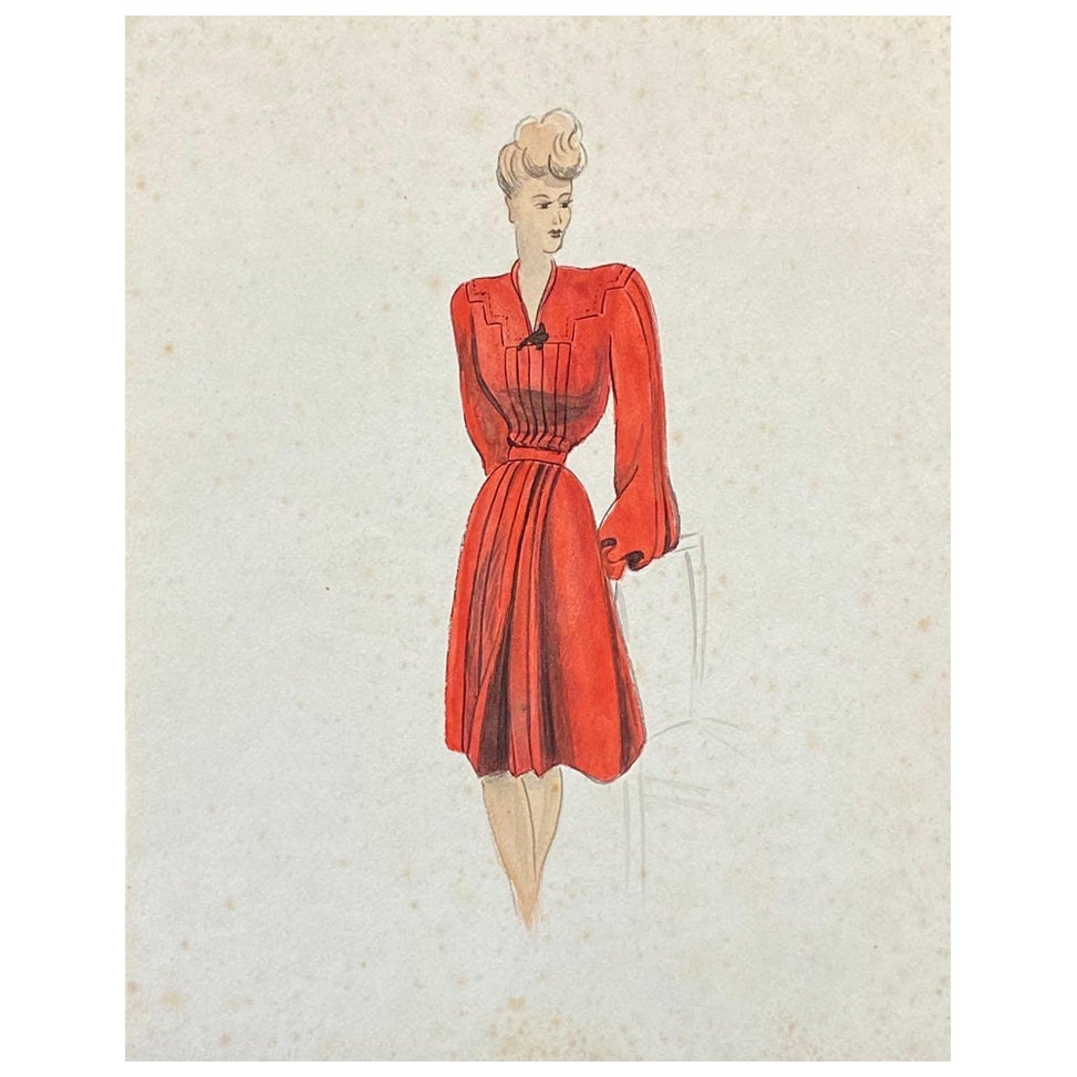 Illustration de mode des années 1940, la femme dans la robe rouge