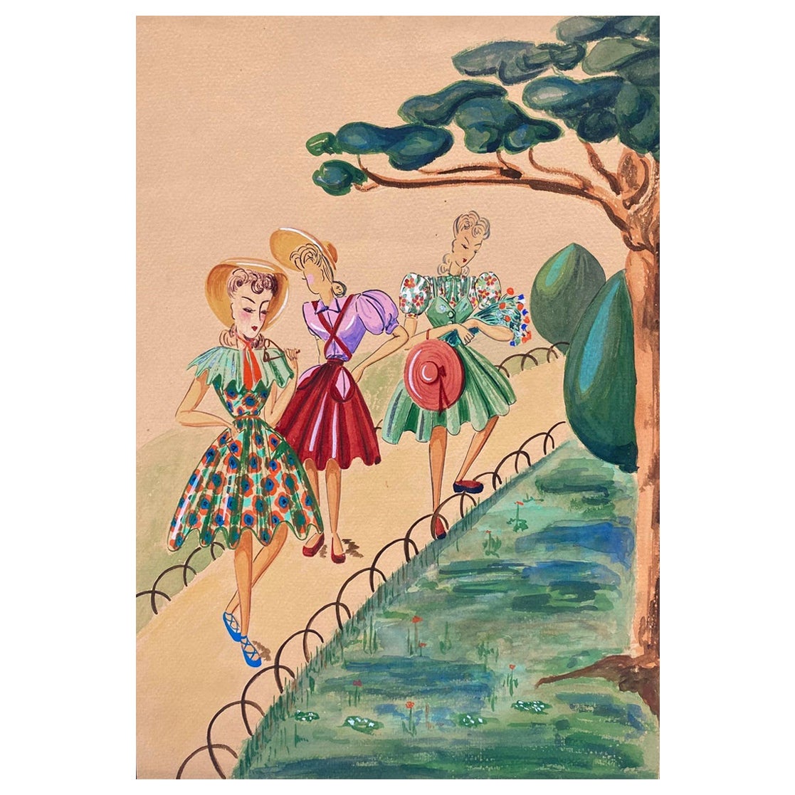 1940's Fashion Illustration, Three Elegant Women Walking Through The Park