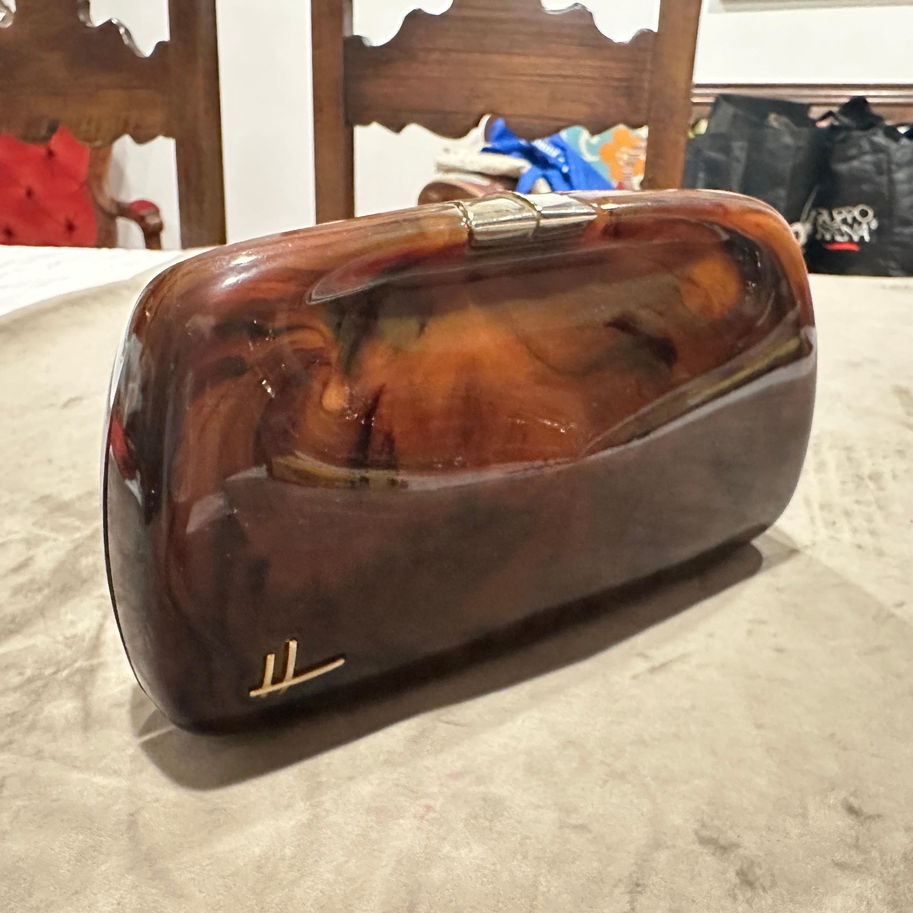 Women's 1940s Faux Tortoiseshell Bakelite and Brass Italian Evening Bag For Sale