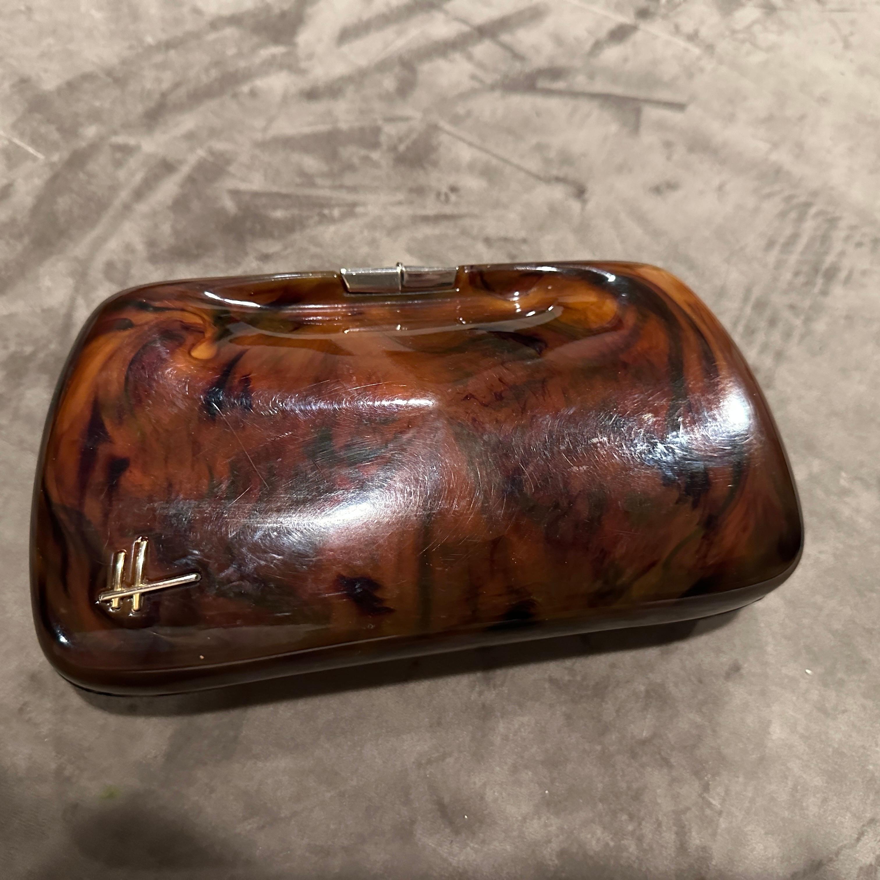 1940s Faux Tortoiseshell Bakelite and Brass Italian Evening Bag For Sale 1
