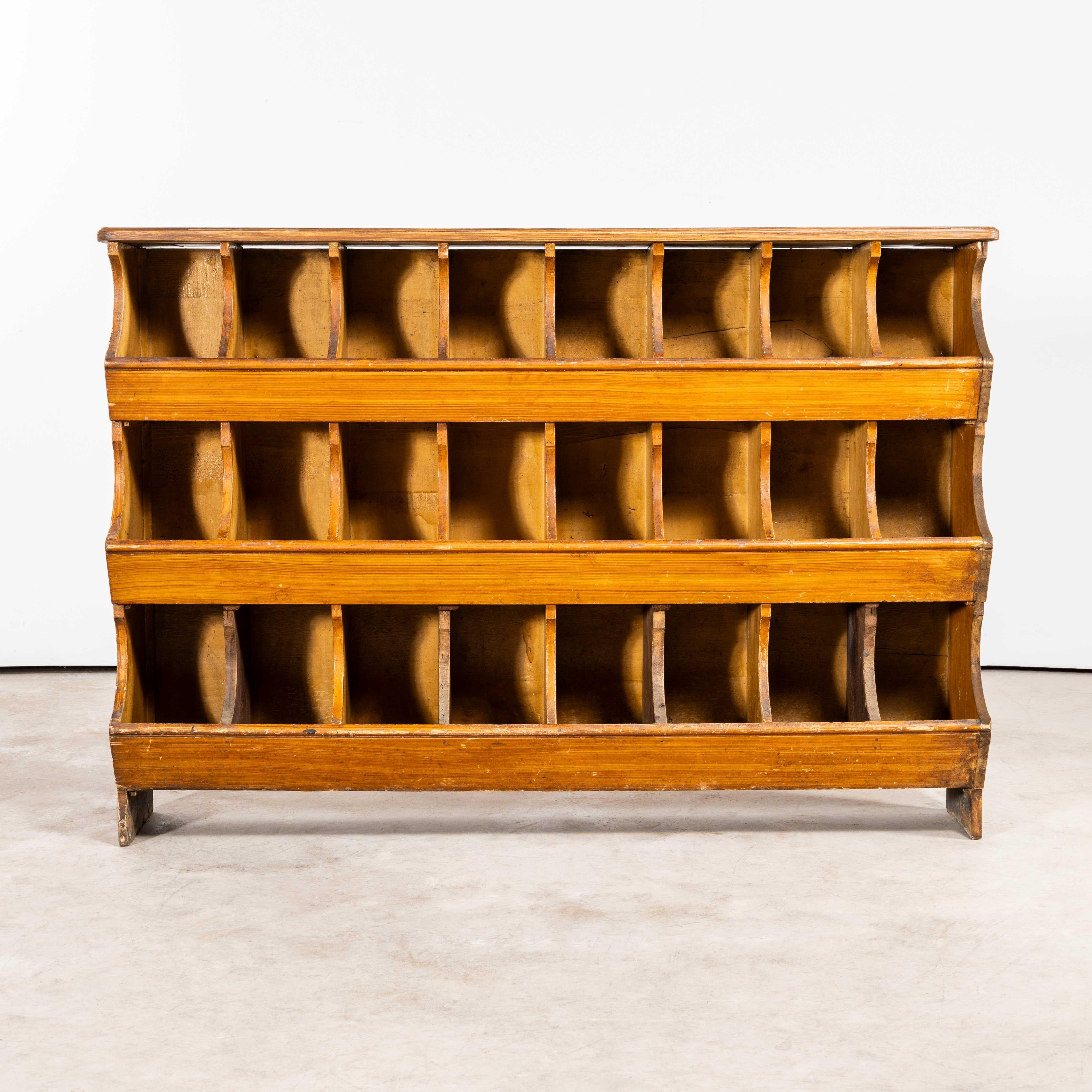 1940's Faux Wood Workshop Shelving - Pigeon Hole Bins. 
Very early original French hardware shelving unit. Made in solid pitch pine it retains most of the original faux oak woodgrain finish and features twenty four practical pigeon hole 'bins'. Our