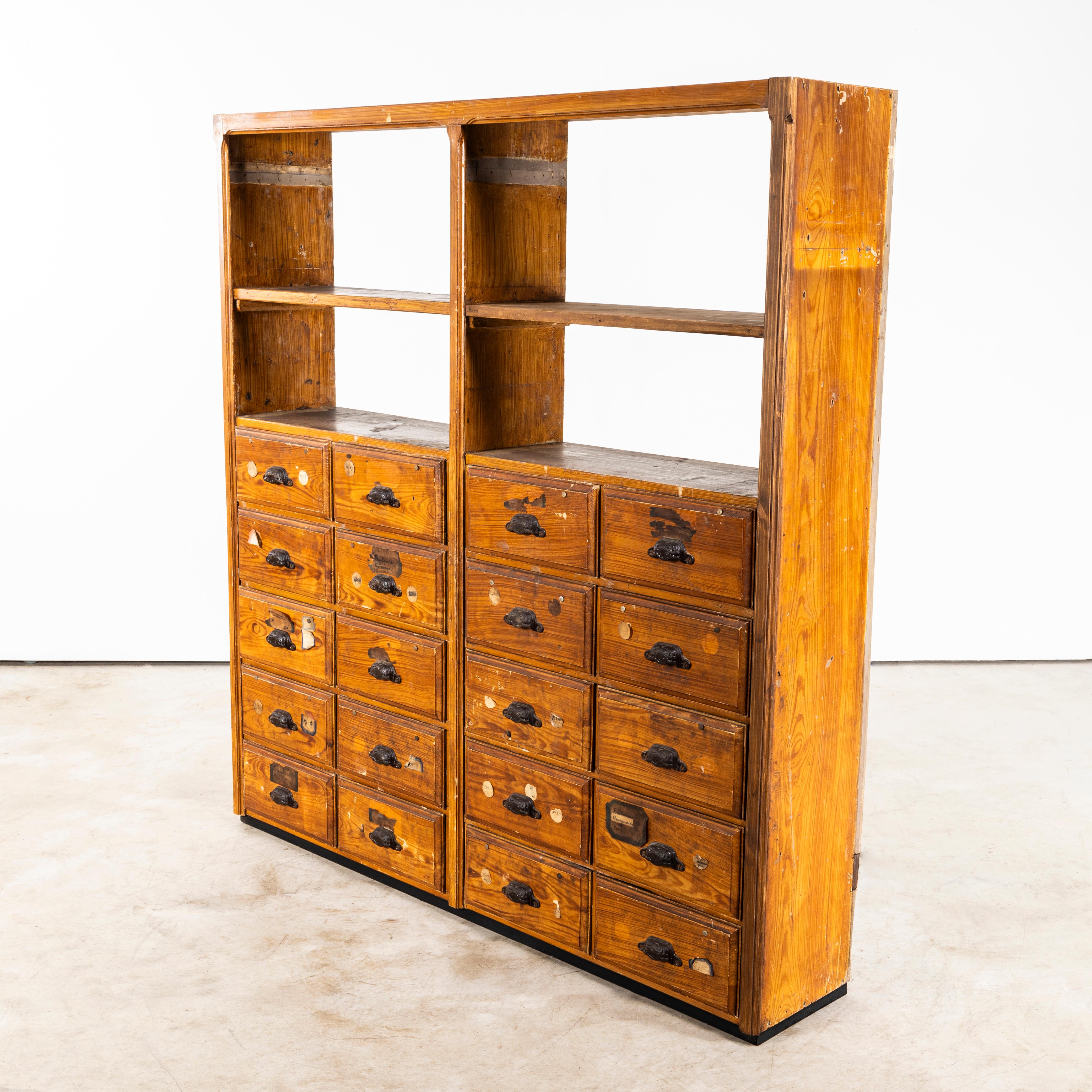 1940's Faux Wood Workshop Shelving - Twenty Drawers In Good Condition For Sale In Hook, Hampshire