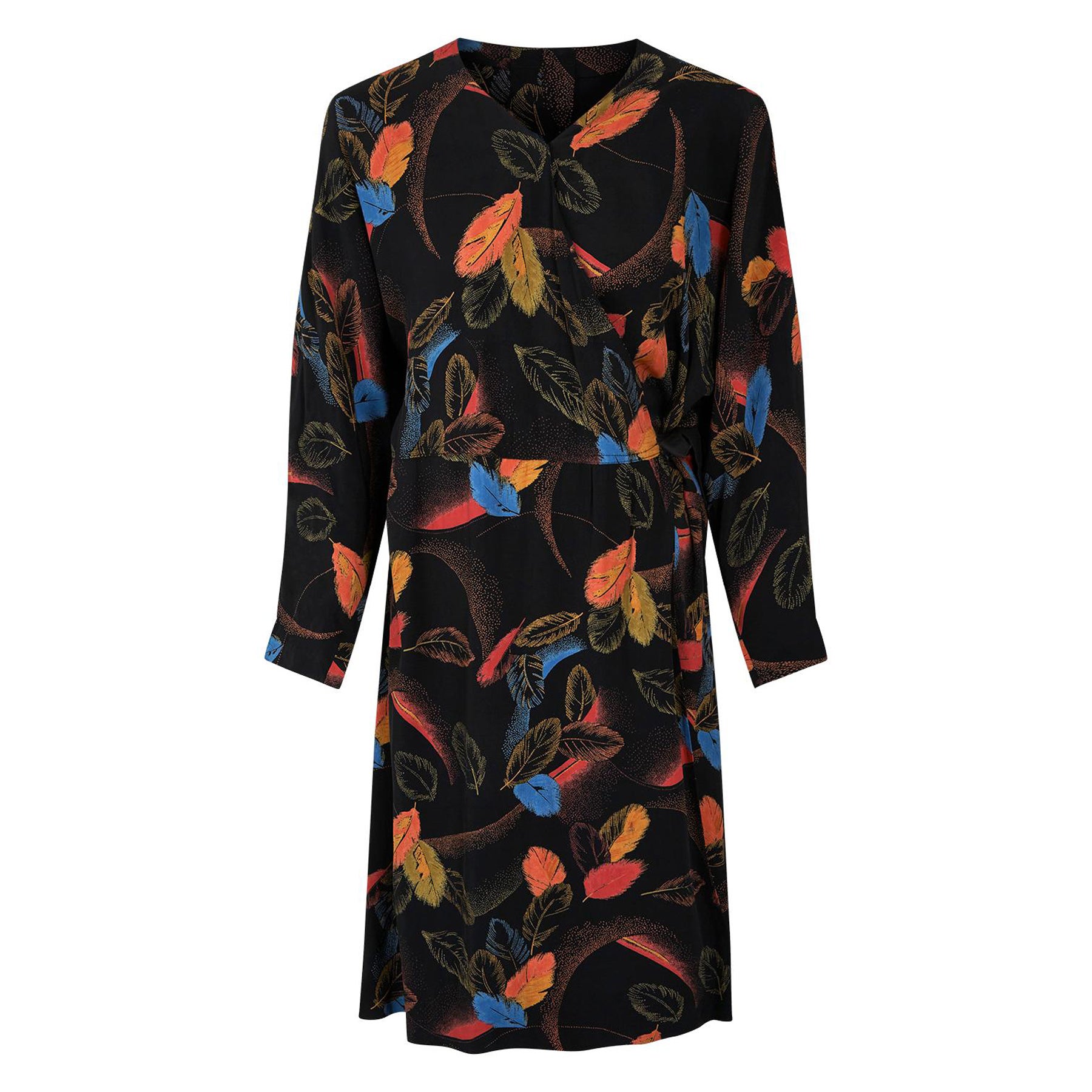 1940er Jahre Federdruck Rayon Wickelkleid im Angebot