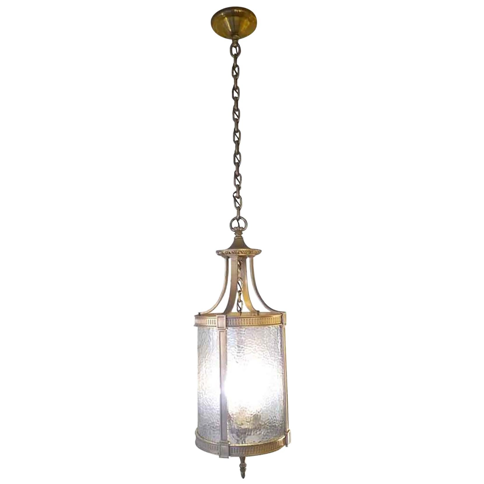 1940s Federal Bronze Hanging Lantern with Pebbled Glass