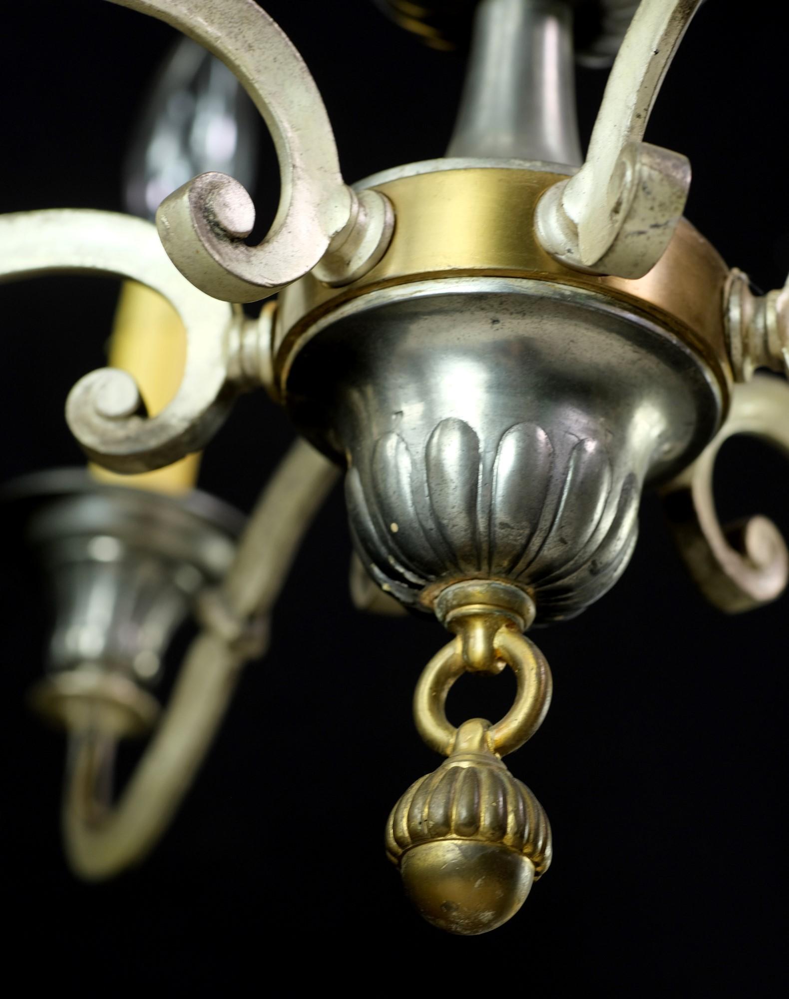 1940s Federal Style 6-Arm Brass Chandelier Nickel Plated with Original Patina In Good Condition For Sale In New York, NY