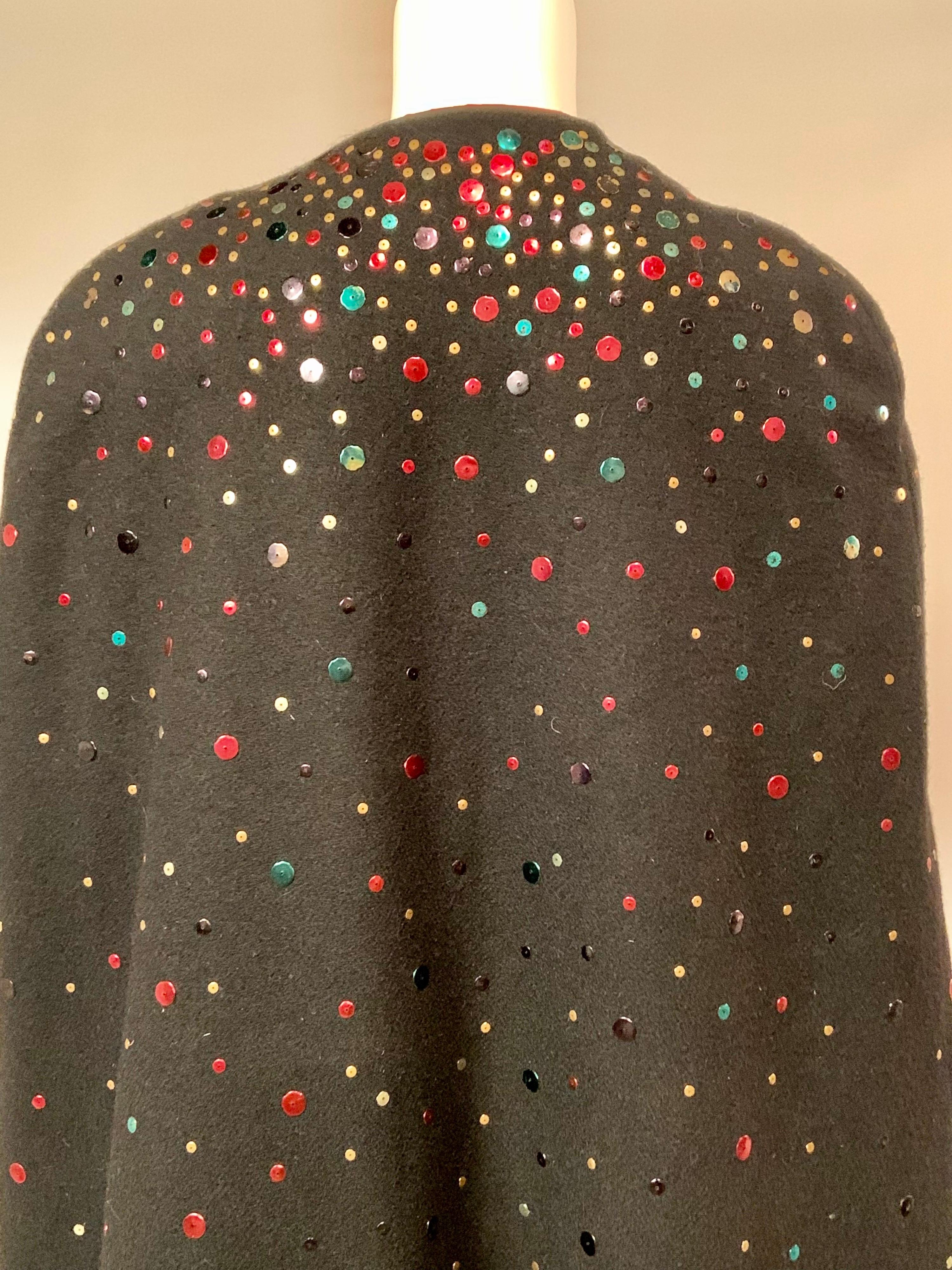 1940's Festive Multi Color Sequin Studded Black Wool Cape 6