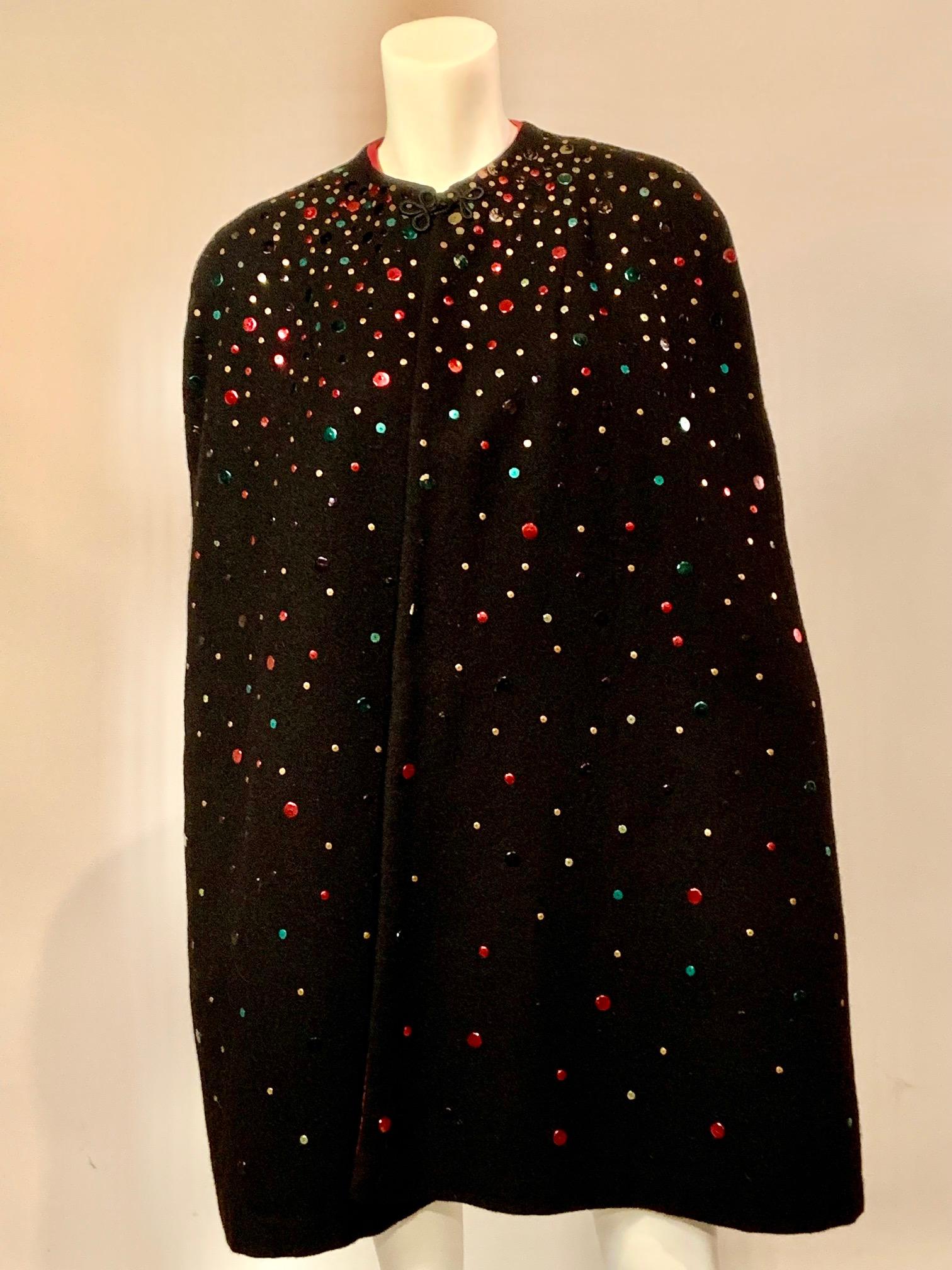 1940's Festive Multi Color Sequin Studded Black Wool Cape 9