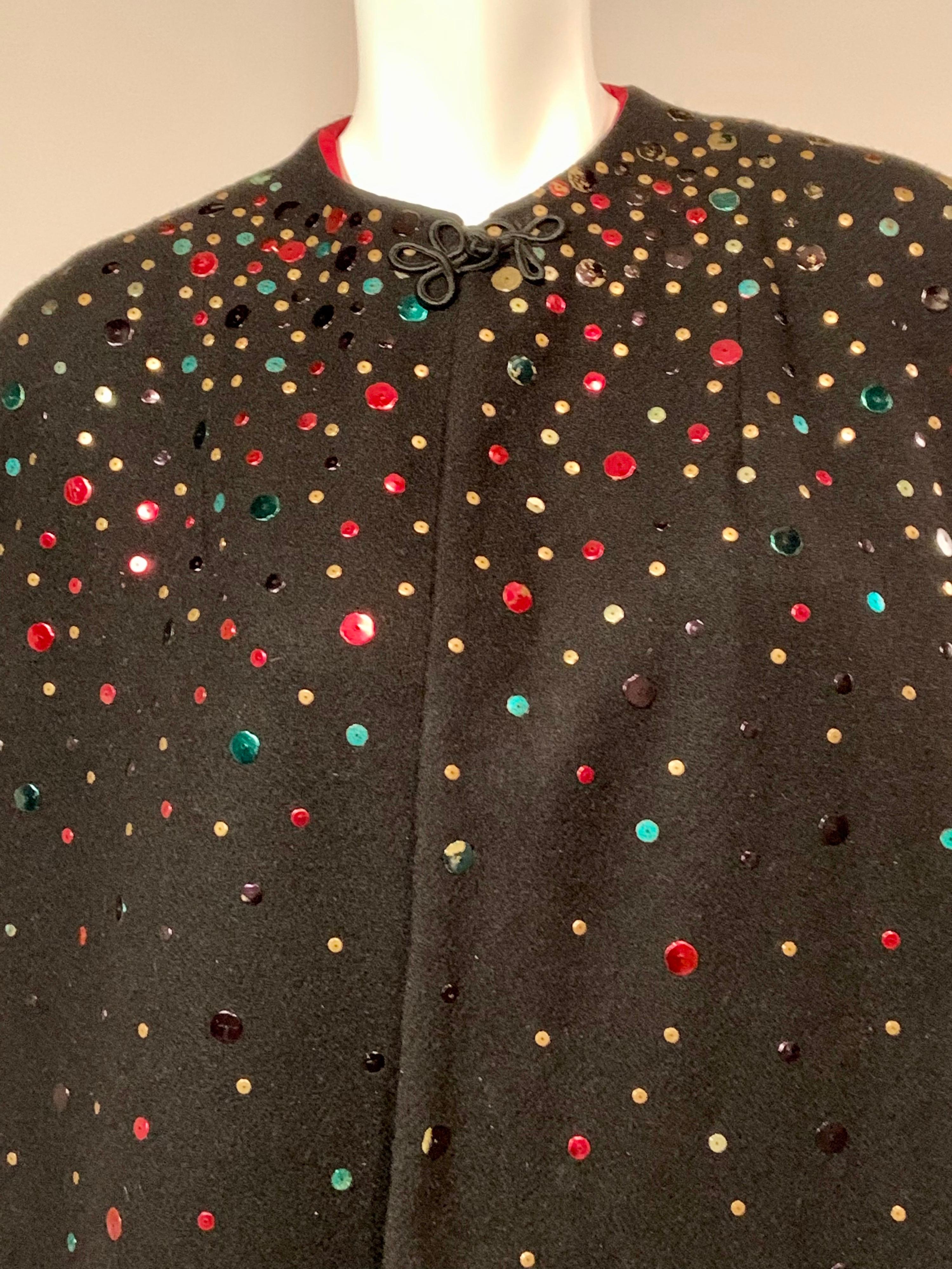 1940's Festive Multi Color Sequin Studded Black Wool Cape In Good Condition In New Hope, PA