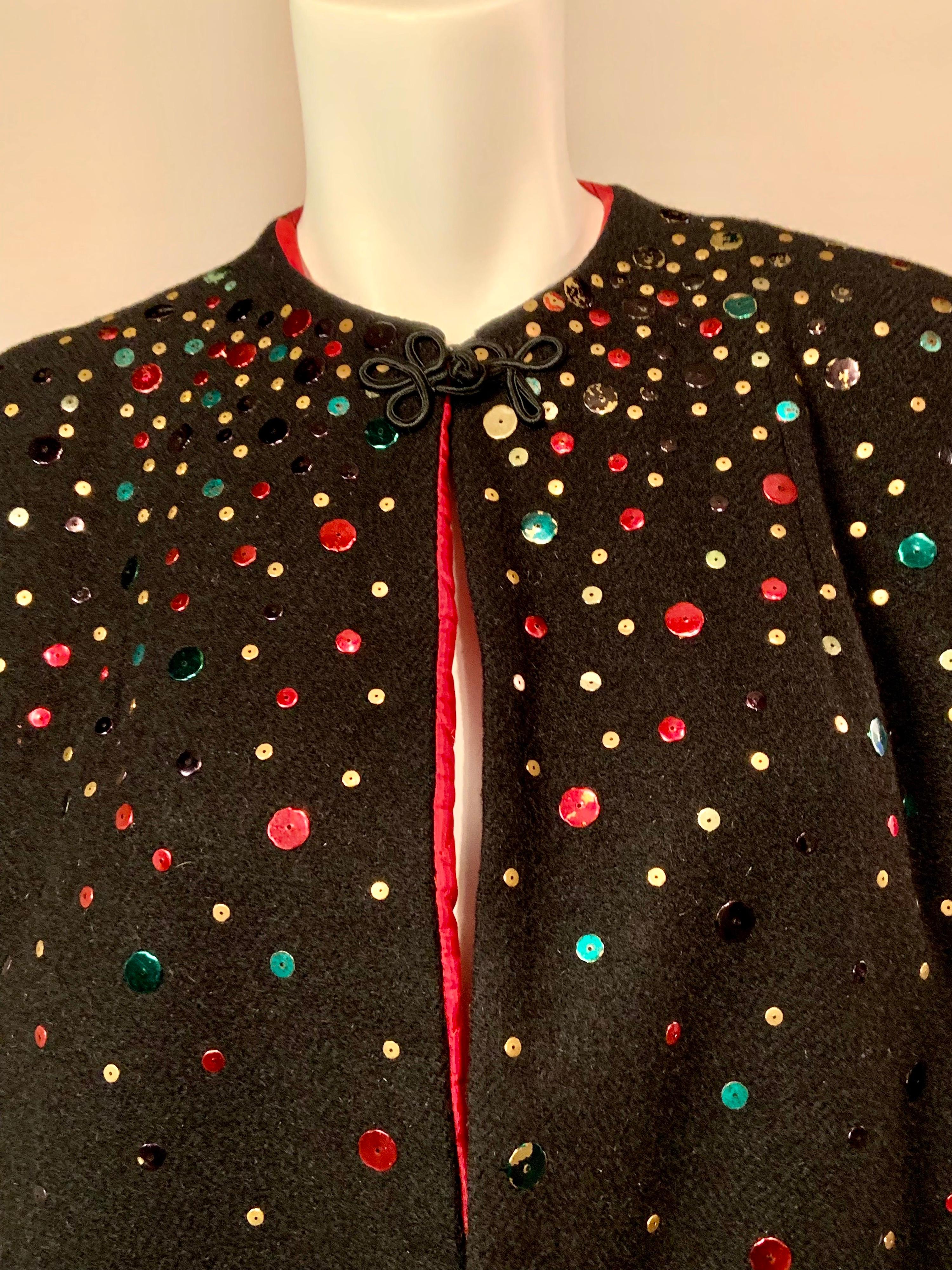 Women's 1940's Festive Multi Color Sequin Studded Black Wool Cape