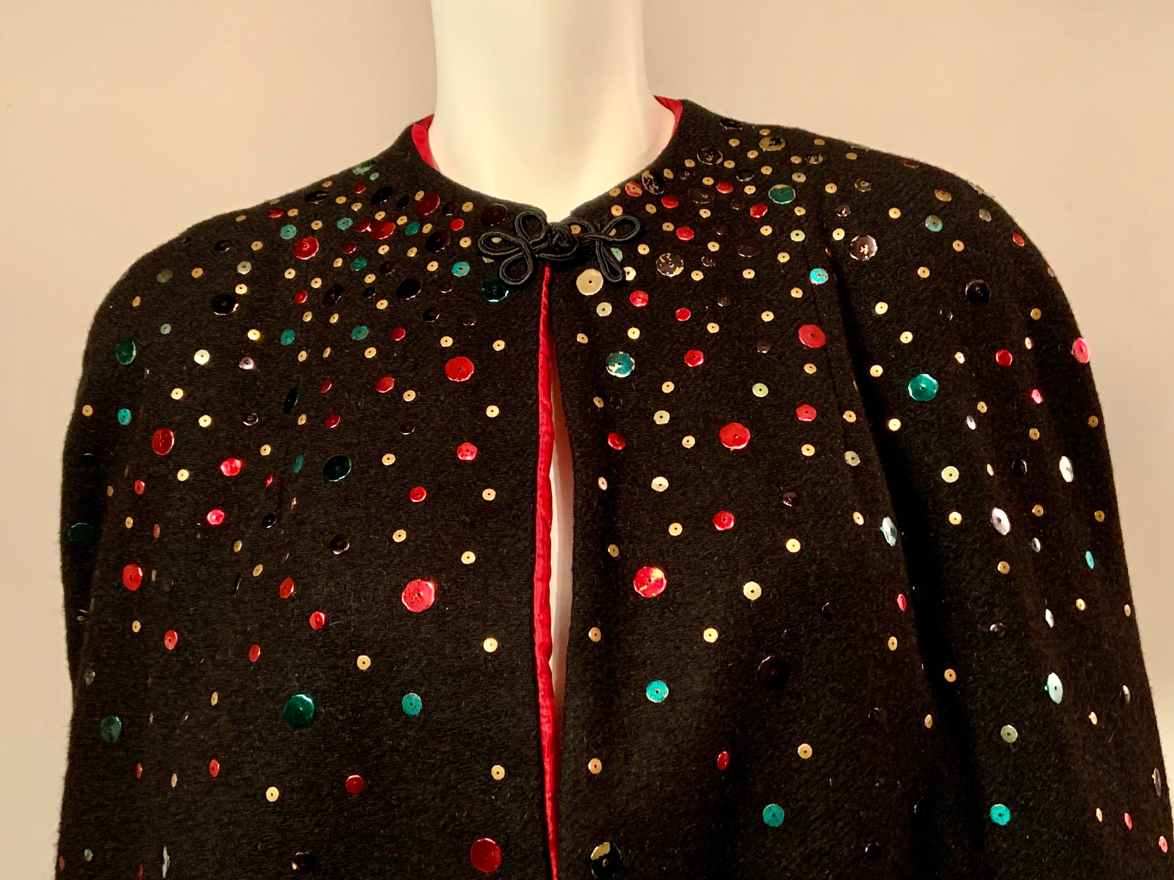 1940's Festive Multi Color Sequin Studded Black Wool Cape 1