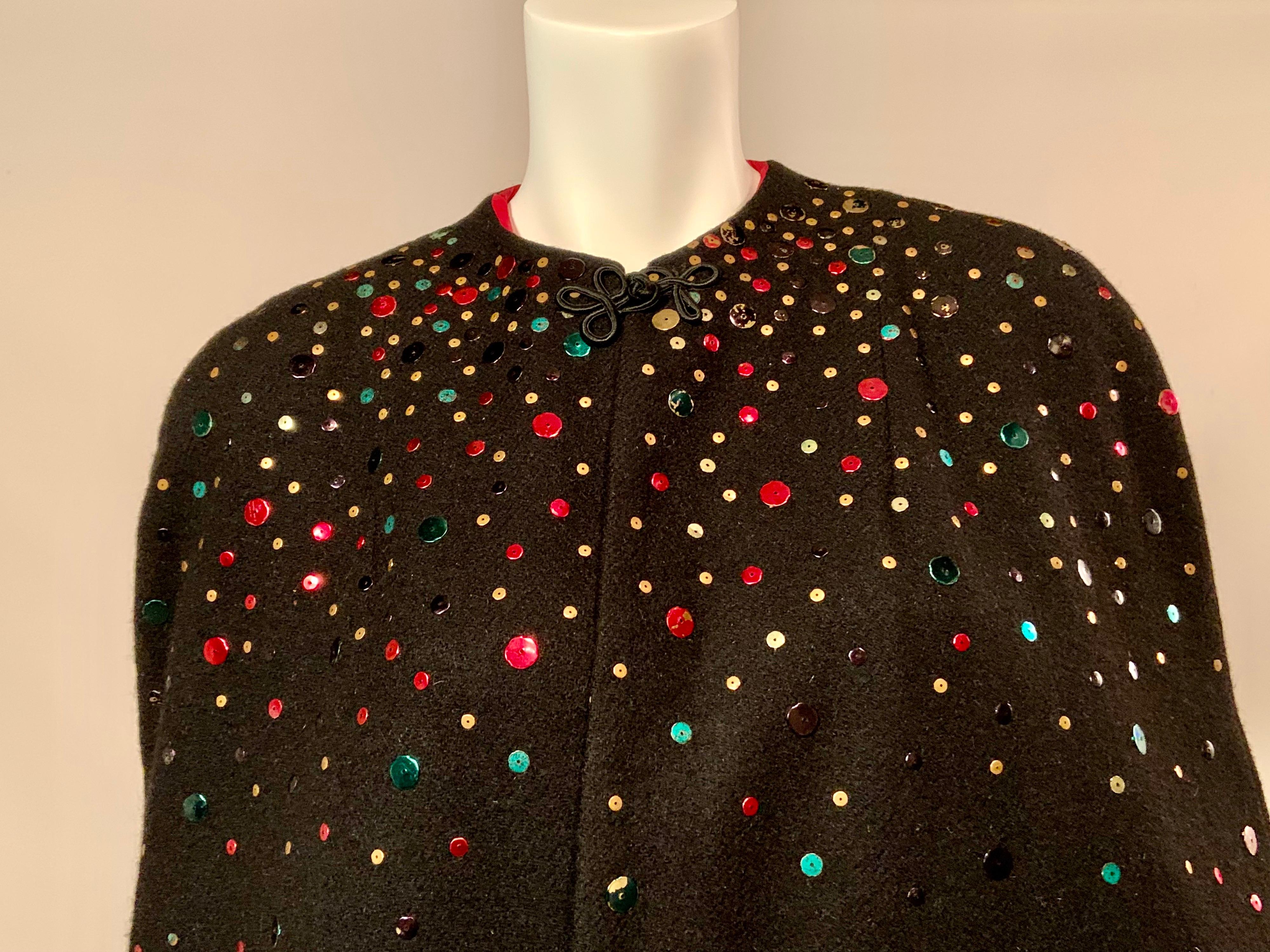 1940's Festive Multi Color Sequin Studded Black Wool Cape 2