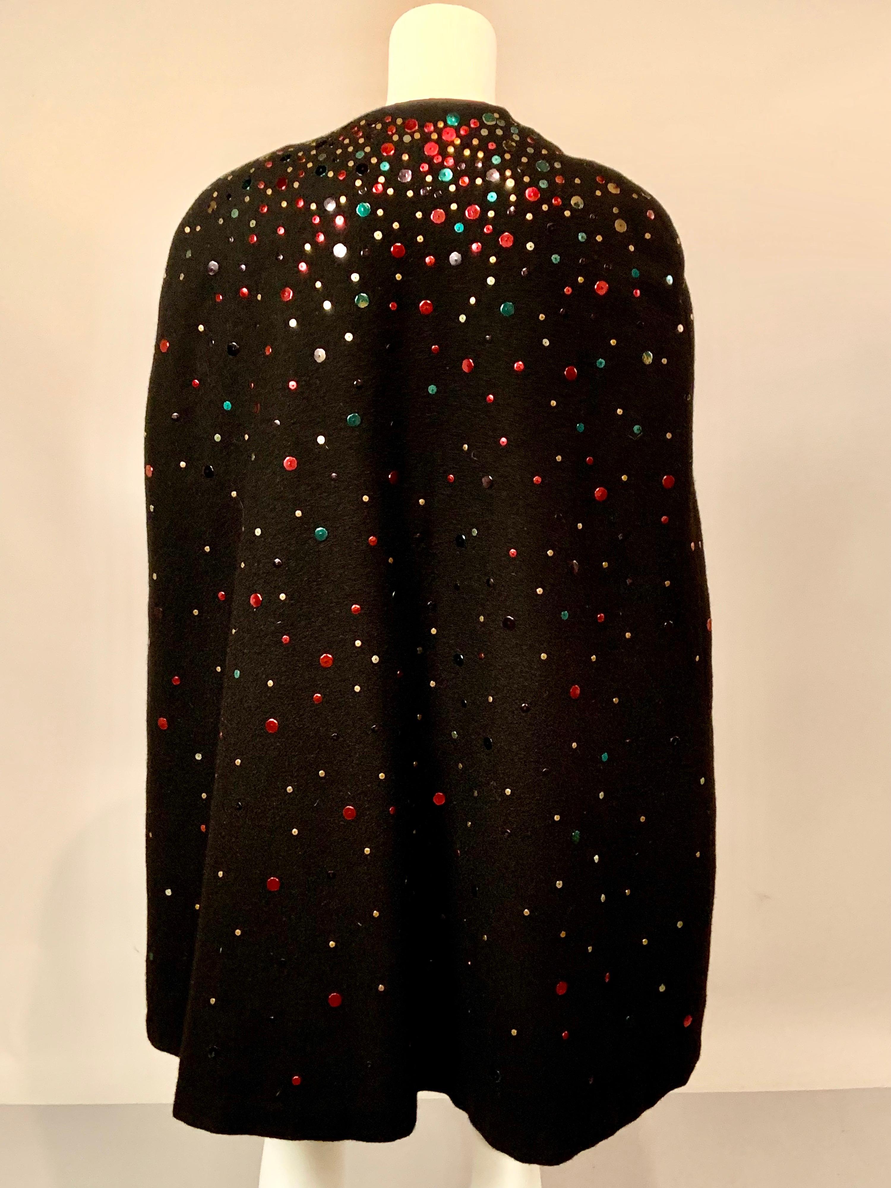 1940's Festive Multi Color Sequin Studded Black Wool Cape 4