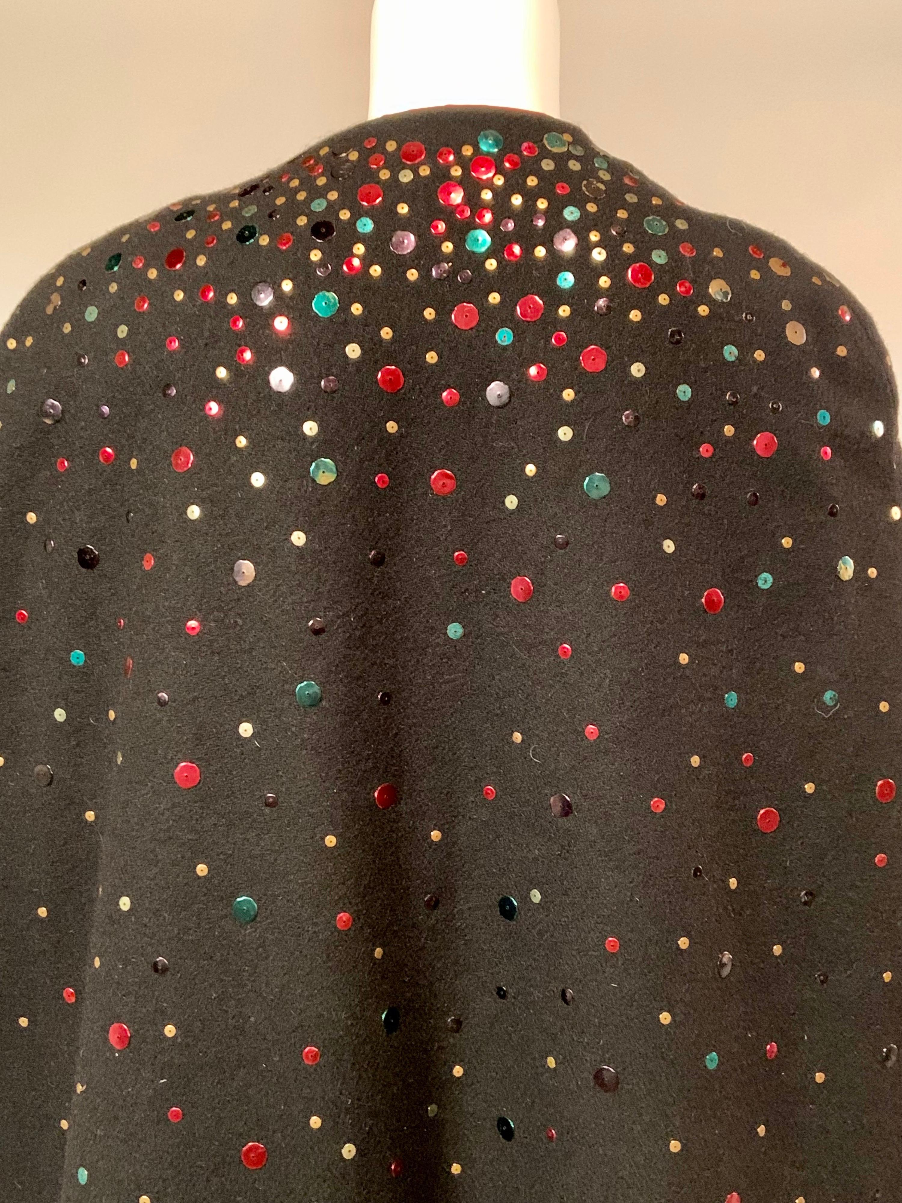 1940's Festive Multi Color Sequin Studded Black Wool Cape 5