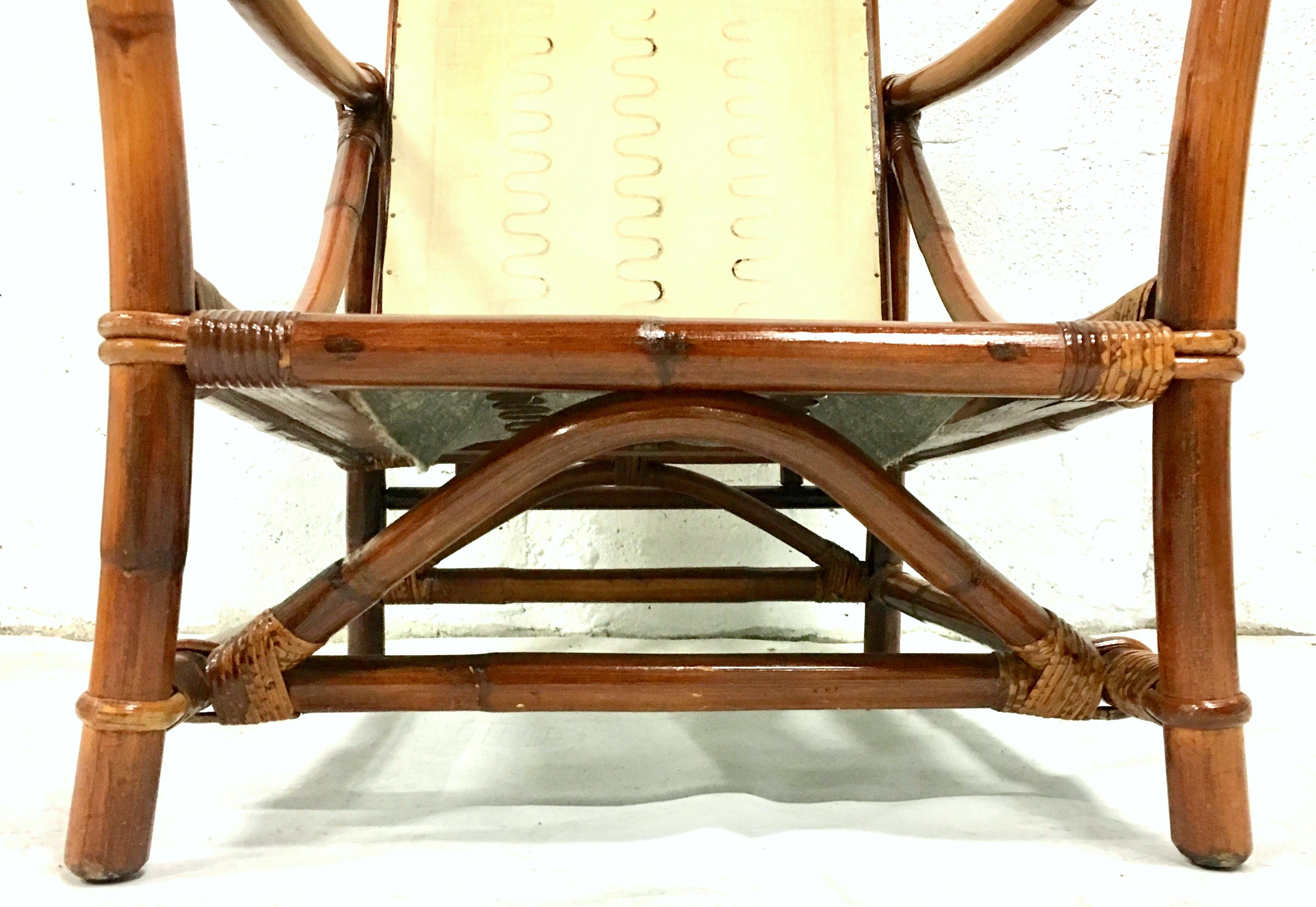 1940s Ficks Reed Campaign Style Rattan Reed, Brass Recliner Armchair & Cushion For Sale 6