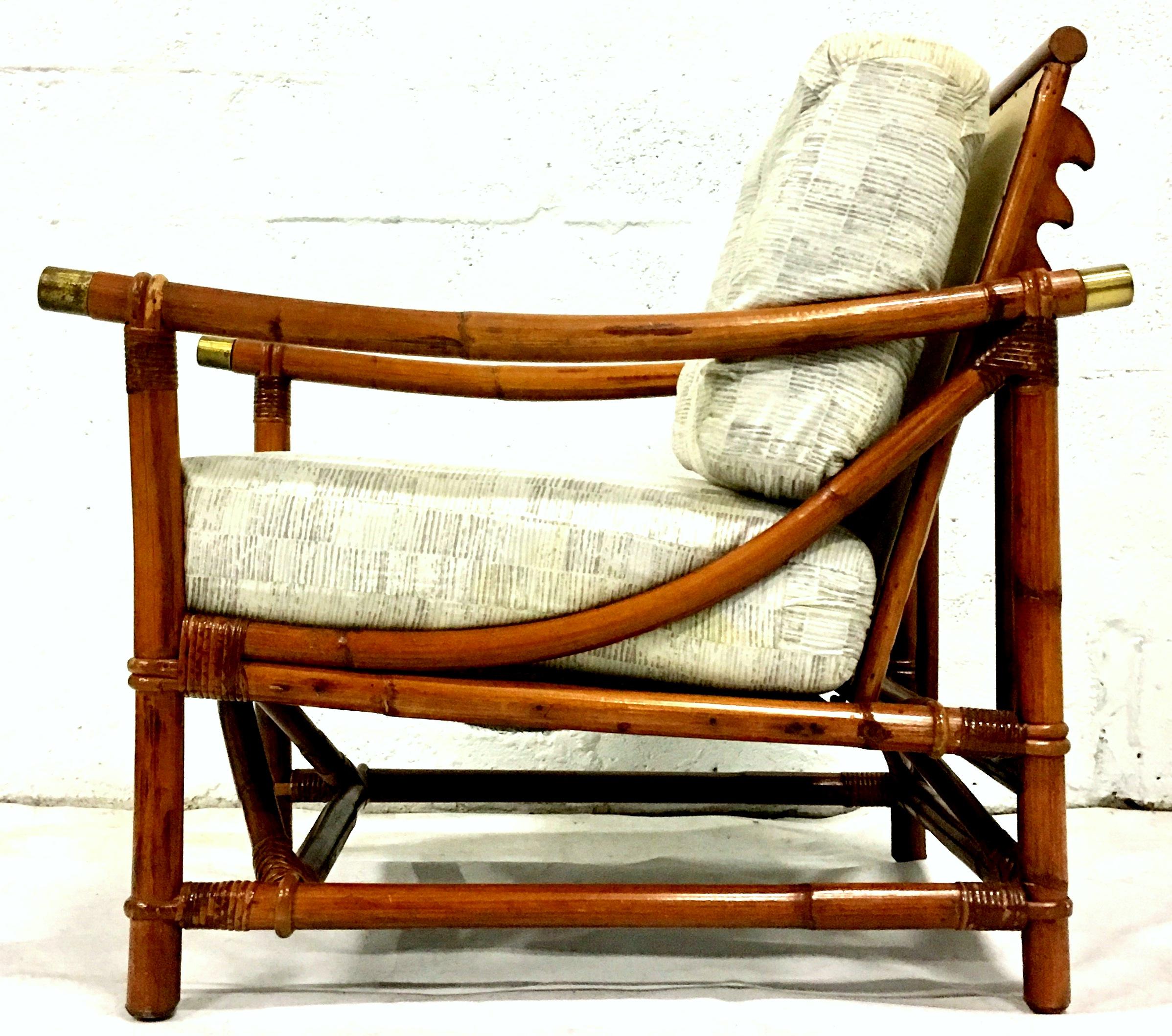 1940s Ficks Reed Campaign Style Rattan Reed, Brass Recliner Armchair & Cushion In Good Condition For Sale In West Palm Beach, FL