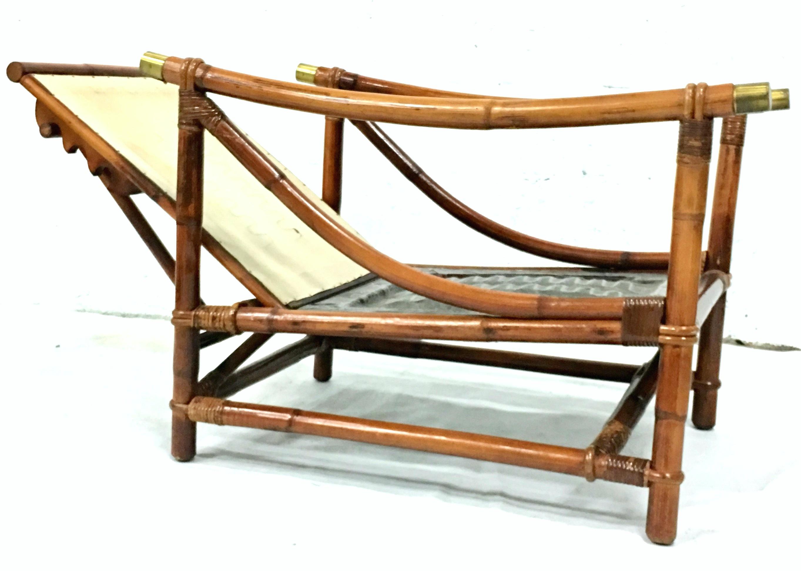 1940s Ficks Reed Campaign Style Rattan Reed, Brass Recliner Armchair & Cushion For Sale 1