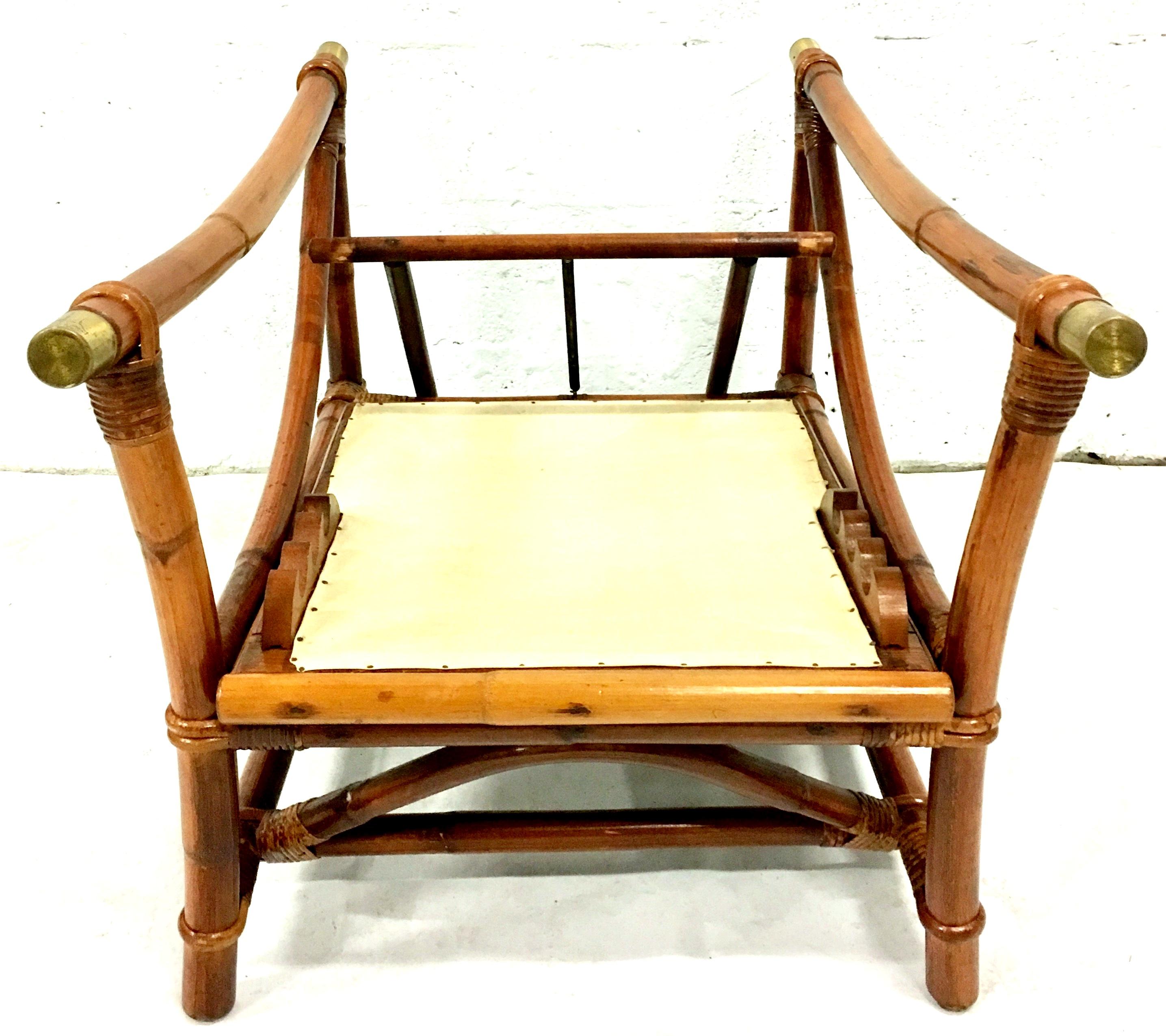 1940s Ficks Reed Campaign Style Rattan Reed, Brass Recliner Armchair & Cushion For Sale 3