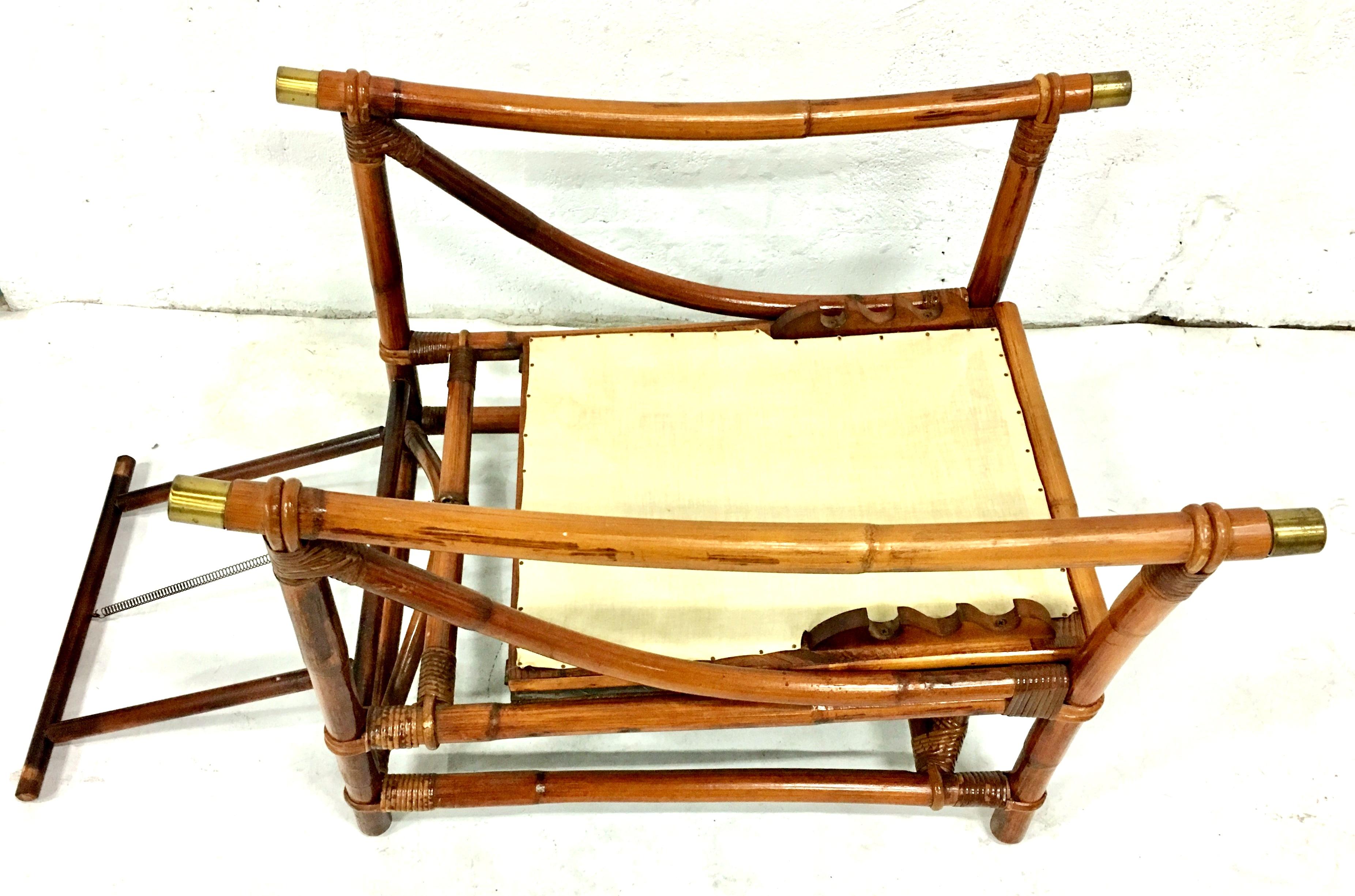 1940s Ficks Reed Campaign Style Rattan Reed, Brass Recliner Armchair & Cushion For Sale 4