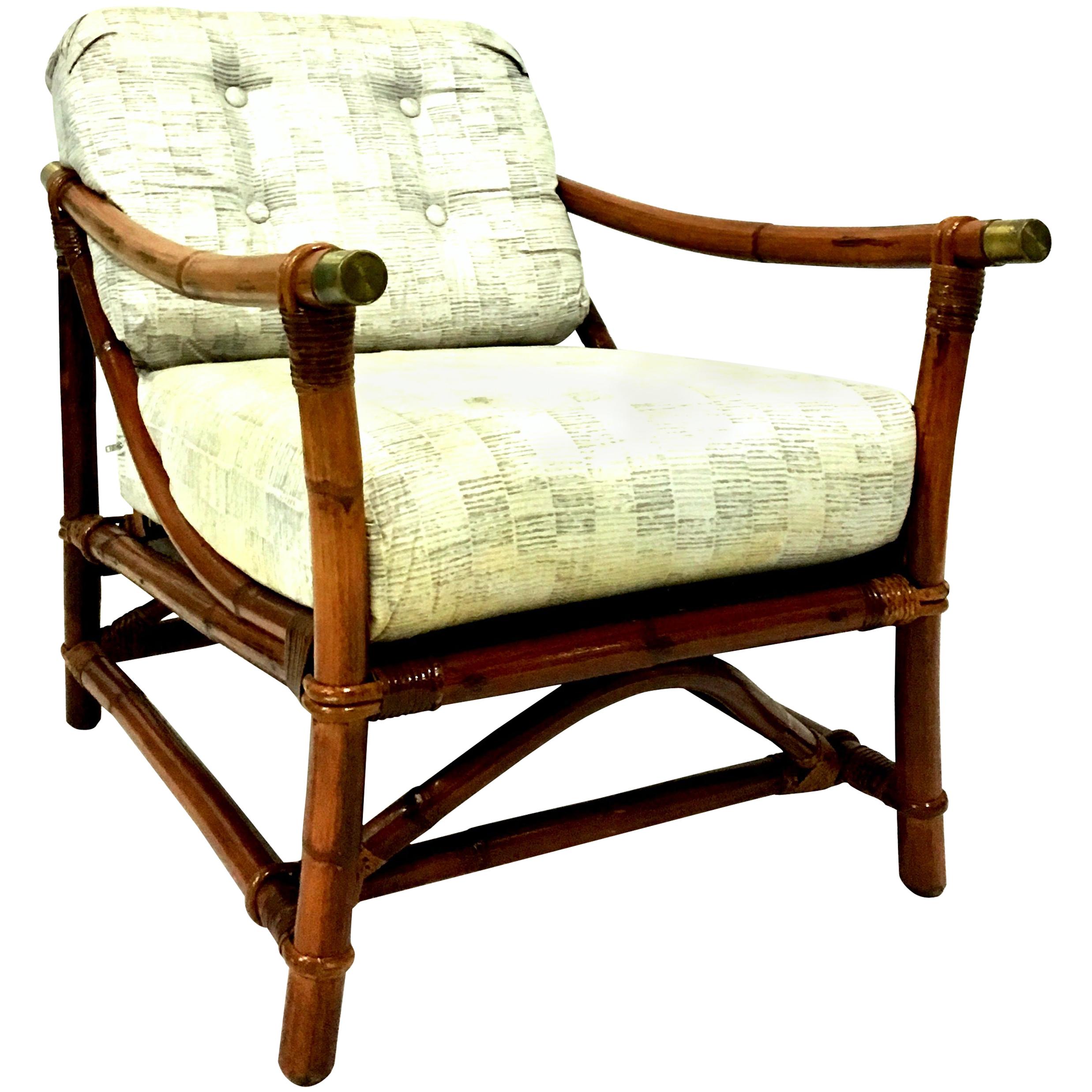 1940s Ficks Reed Campaign Style Rattan Reed, Brass Recliner Armchair & Cushion For Sale