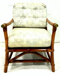 1940s Ficks Reed Campaign Style Rattan Reed, Brass Recliner Armchair & Cushion