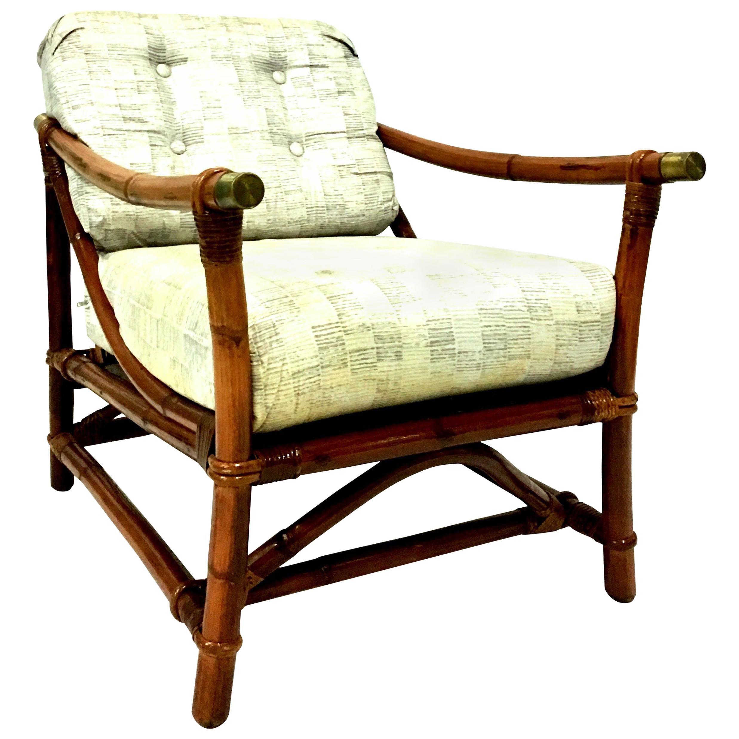 1940s Ficks Reed Campaign Style Rattan Reed, Brass Recliner Armchair & Cushion For Sale