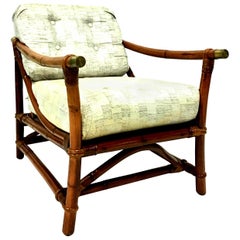 Retro 1940s Ficks Reed Campaign Style Rattan Reed, Brass Recliner Armchair & Cushion