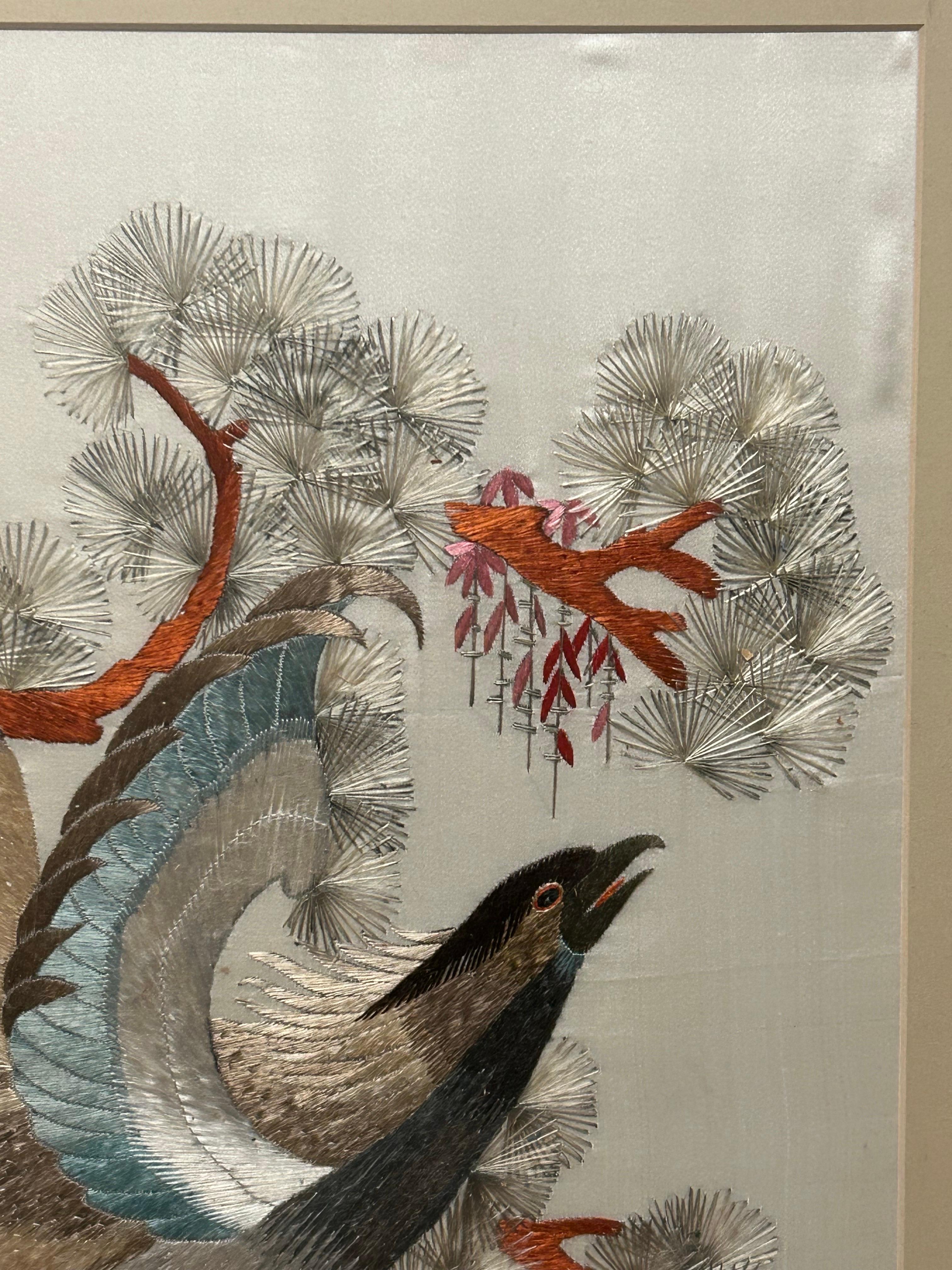 Chinese Export 1940’s Fine Chinese Silk Bird Embroidery In Pastel Hues & Bamboo Frame