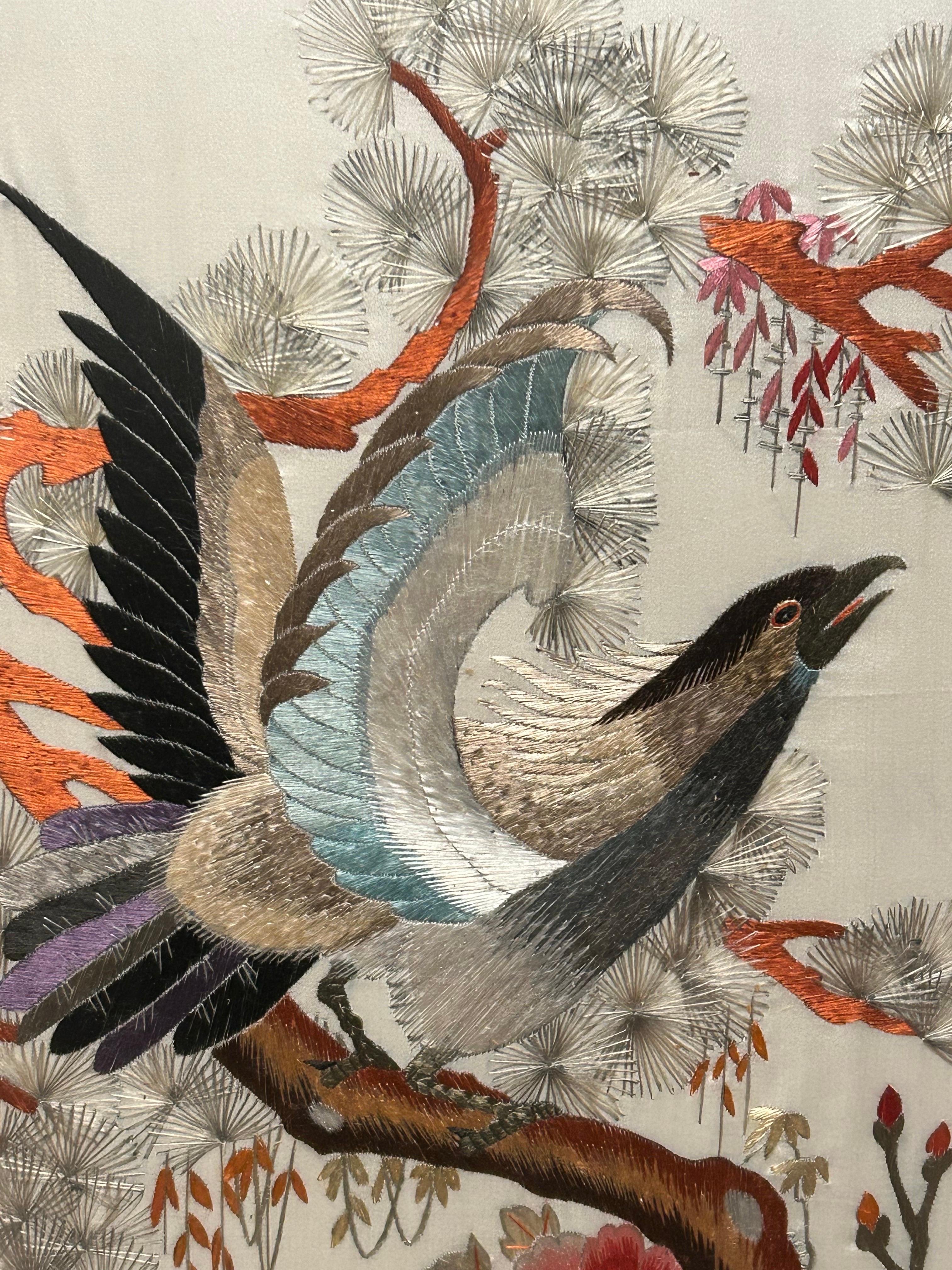 Embroidered 1940’s Fine Chinese Silk Bird Embroidery In Pastel Hues & Bamboo Frame