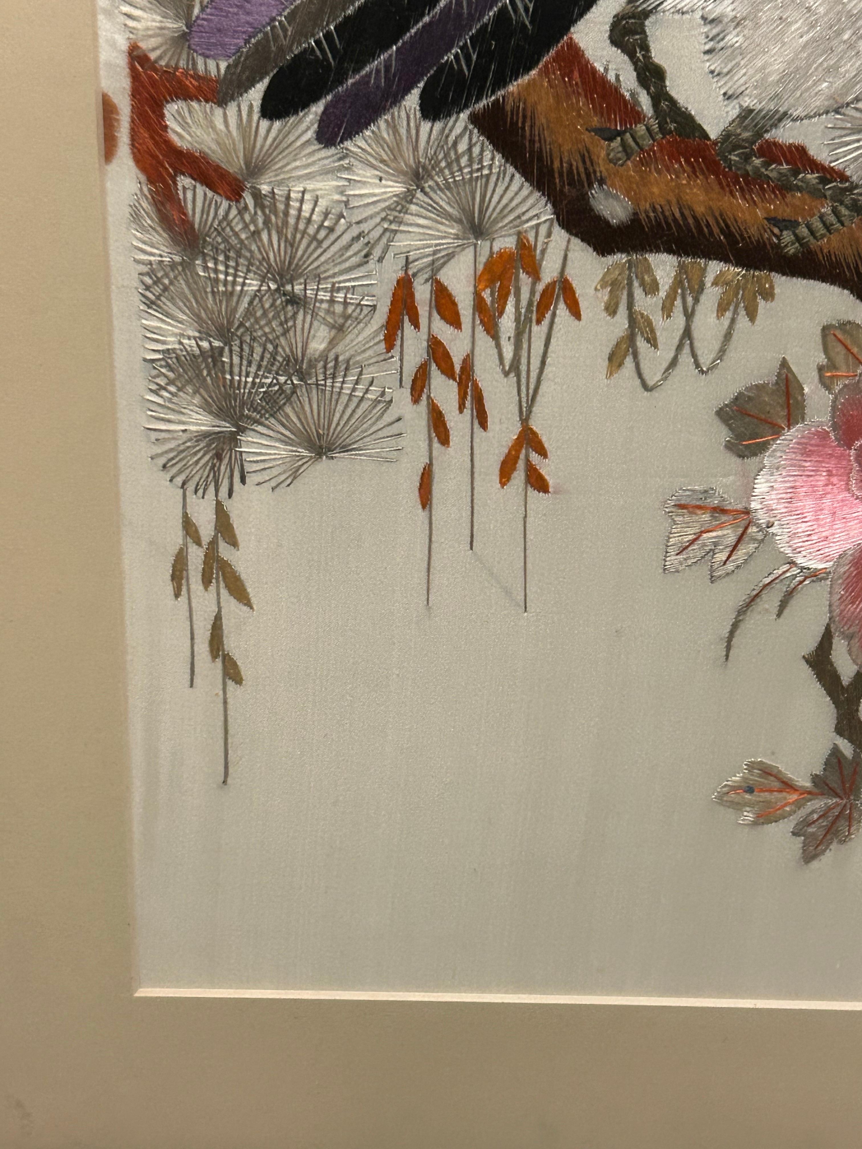 1940’s Fine Chinese Silk Bird Embroidery In Pastel Hues & Bamboo Frame In Good Condition In Vancouver, British Columbia