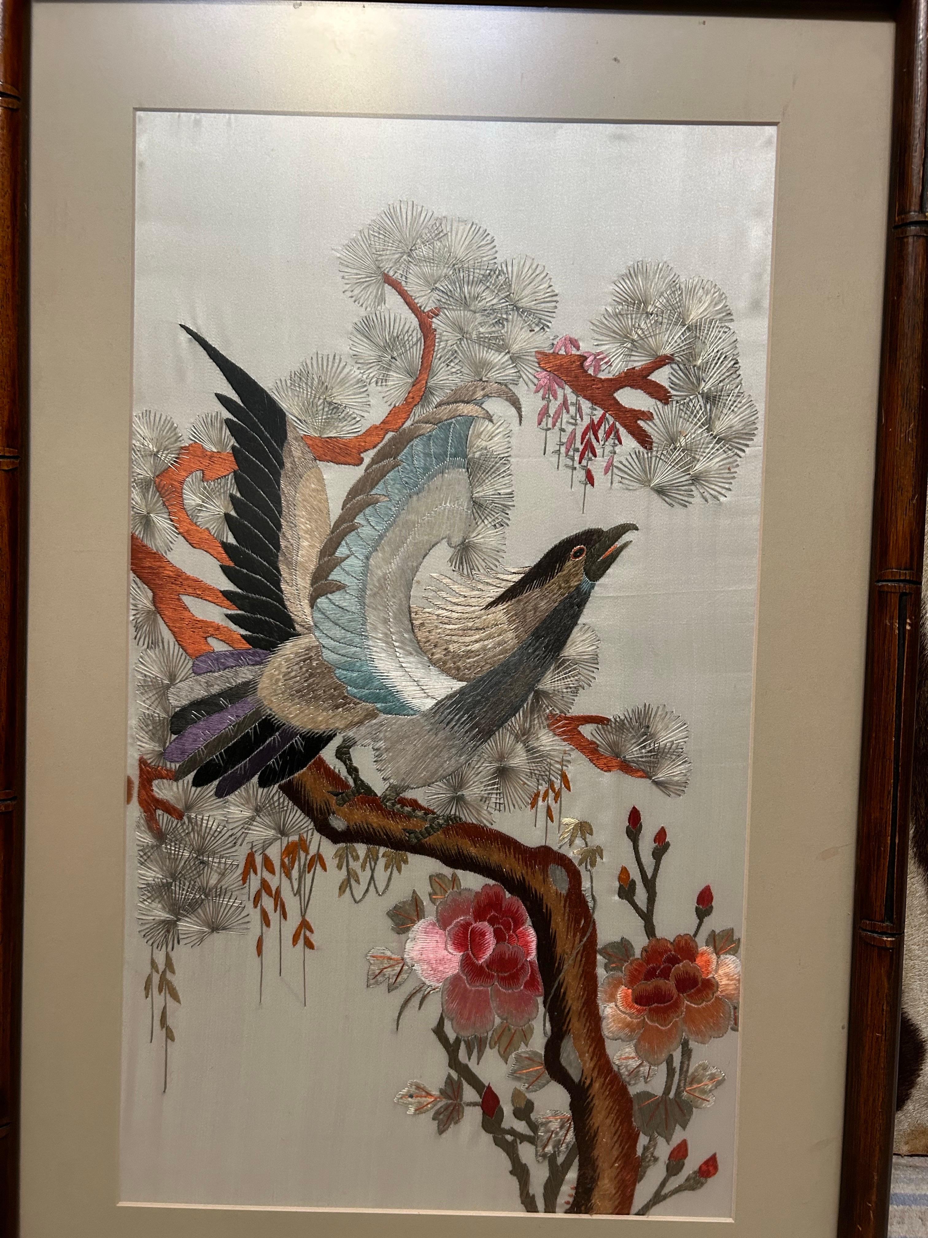 Mid-20th Century 1940’s Fine Chinese Silk Bird Embroidery In Pastel Hues & Bamboo Frame