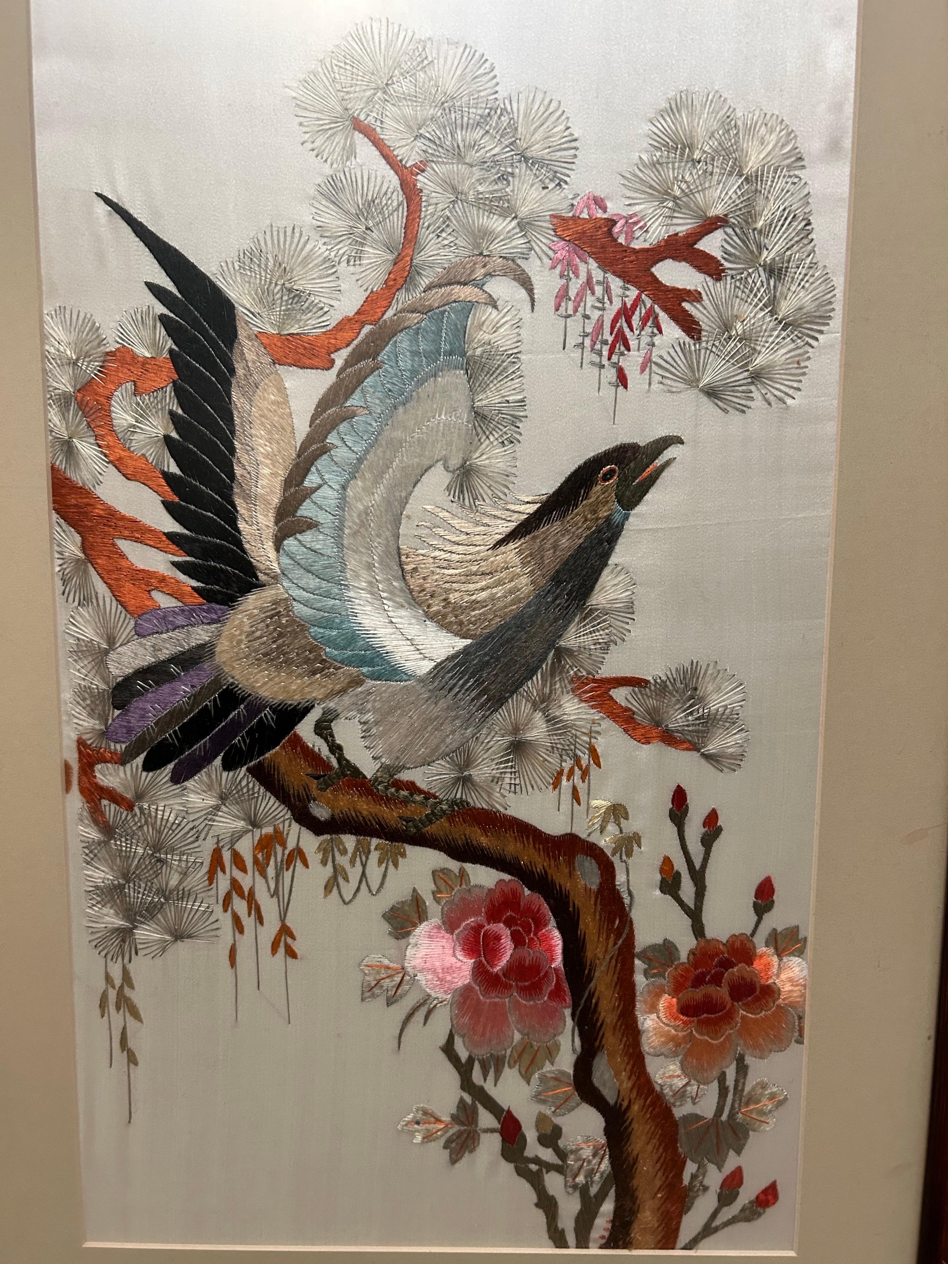 1940’s Fine Chinese Silk Bird Embroidery In Pastel Hues & Bamboo Frame 1