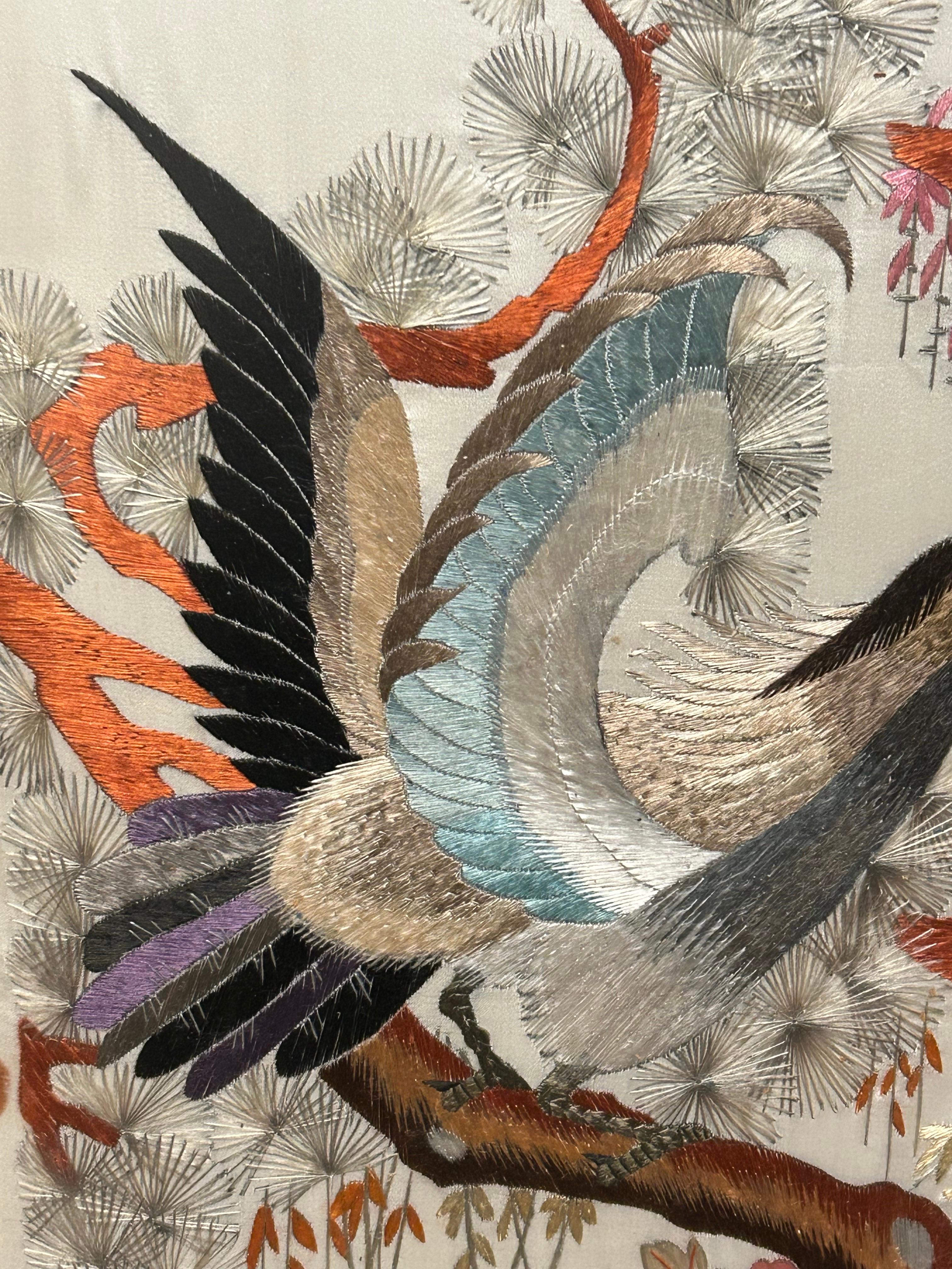 1940’s Fine Chinese Silk Bird Embroidery In Pastel Hues & Bamboo Frame 2