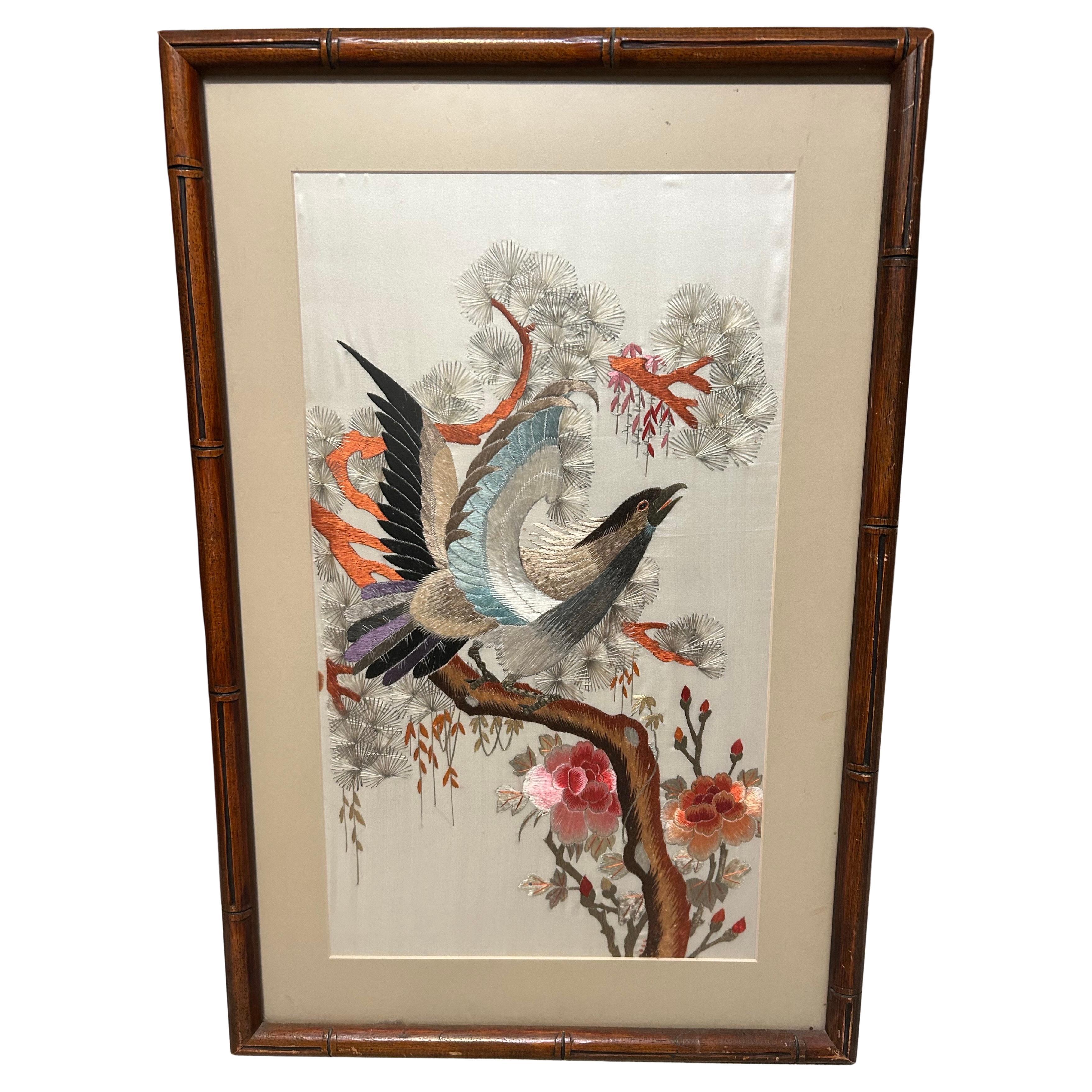 1940’s Fine Chinese Silk Bird Embroidery In Pastel Hues & Bamboo Frame