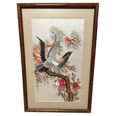 1940’s Fine Chinese Silk Bird Embroidery In Pastel Hues & Bamboo Frame