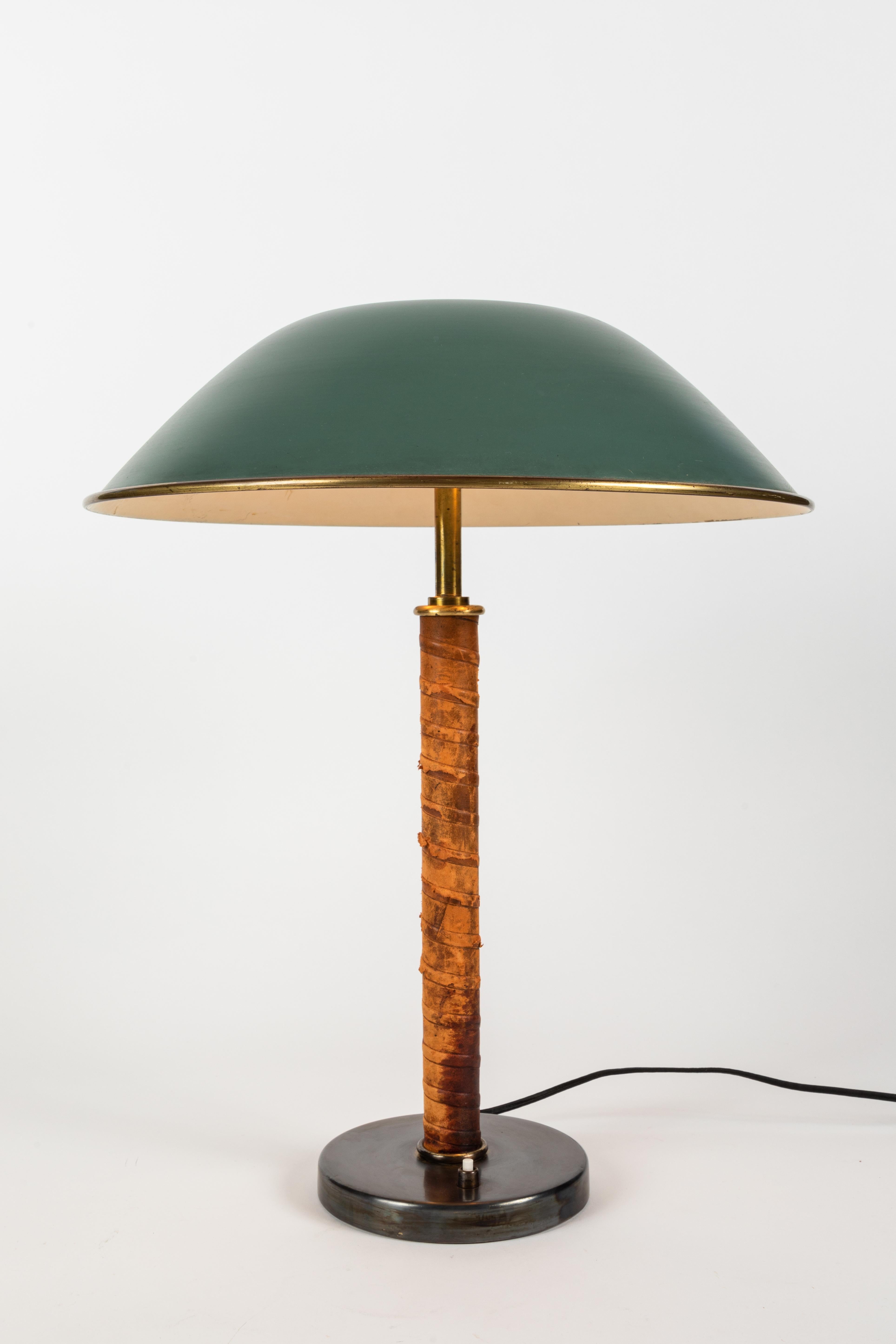 Swedish 1940s Böhlmarks Brass and Leather Table Lamp