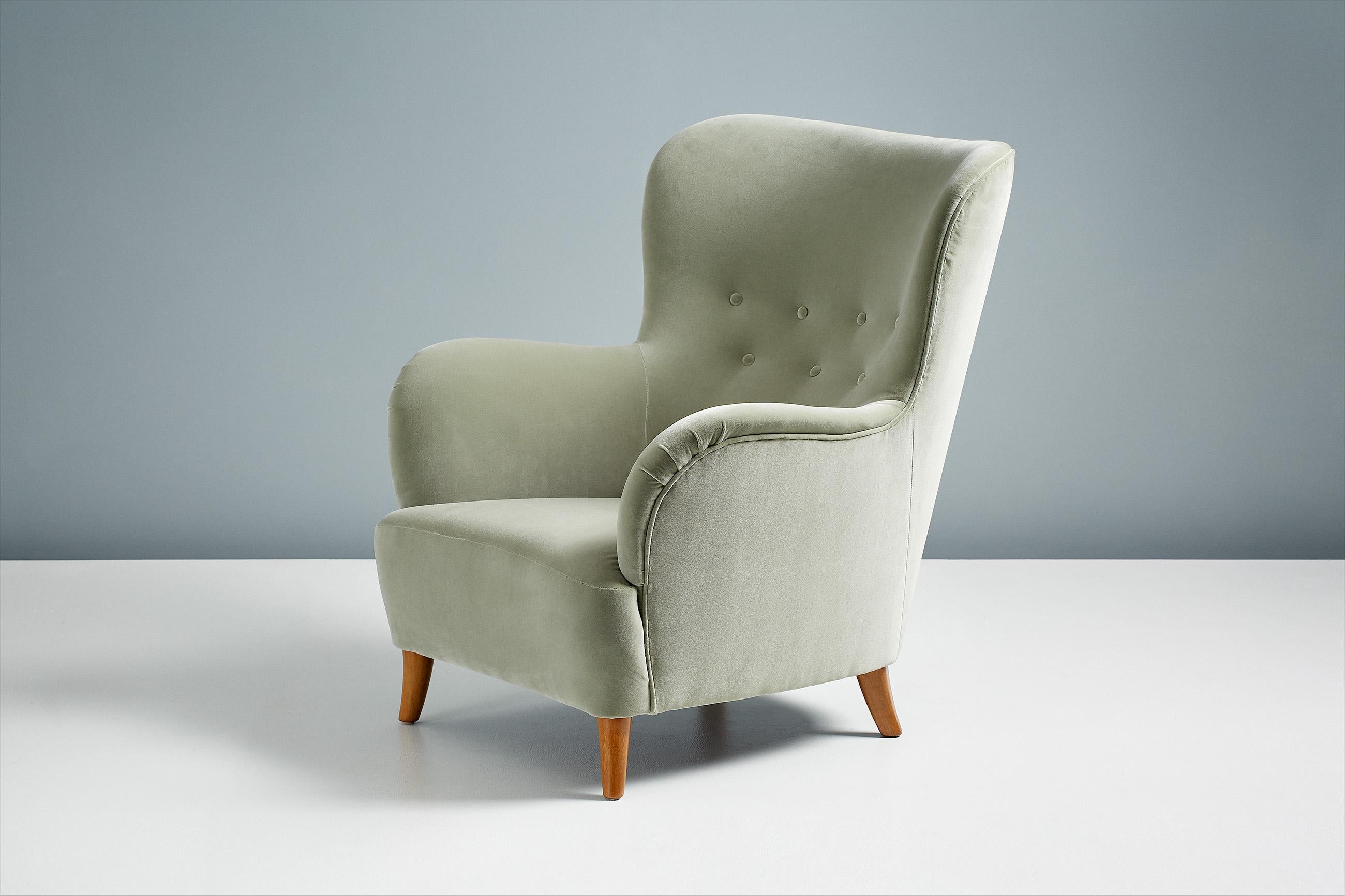 Cotton 1940s Finnish Cabinetmaker Velvet Wing Chair
