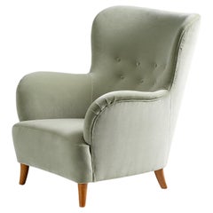 1940s Finnish Cabinetmaker Velvet Wing Chair