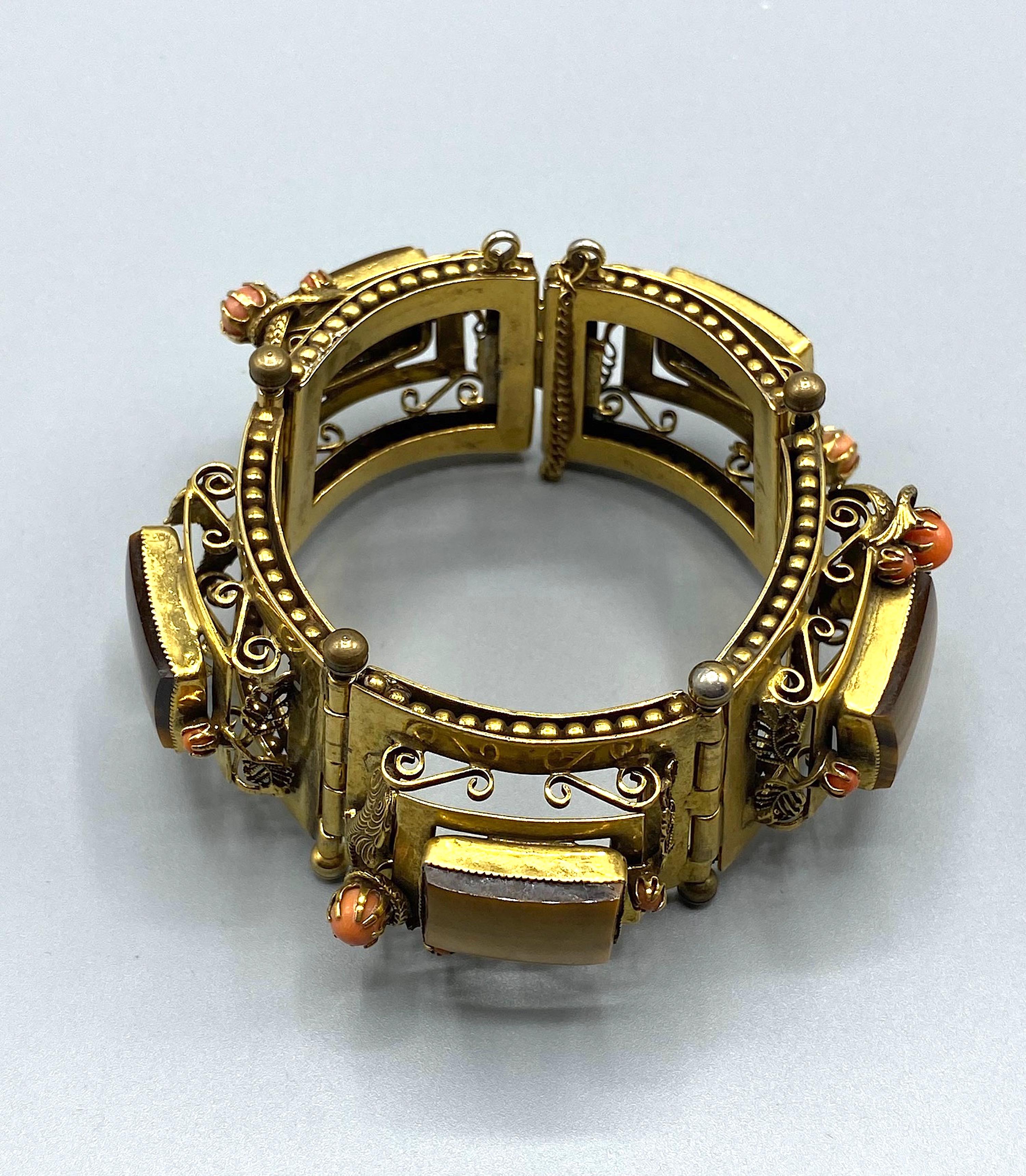1940's Five Panel Coral and Tiger Eye Bracelet For Sale 2
