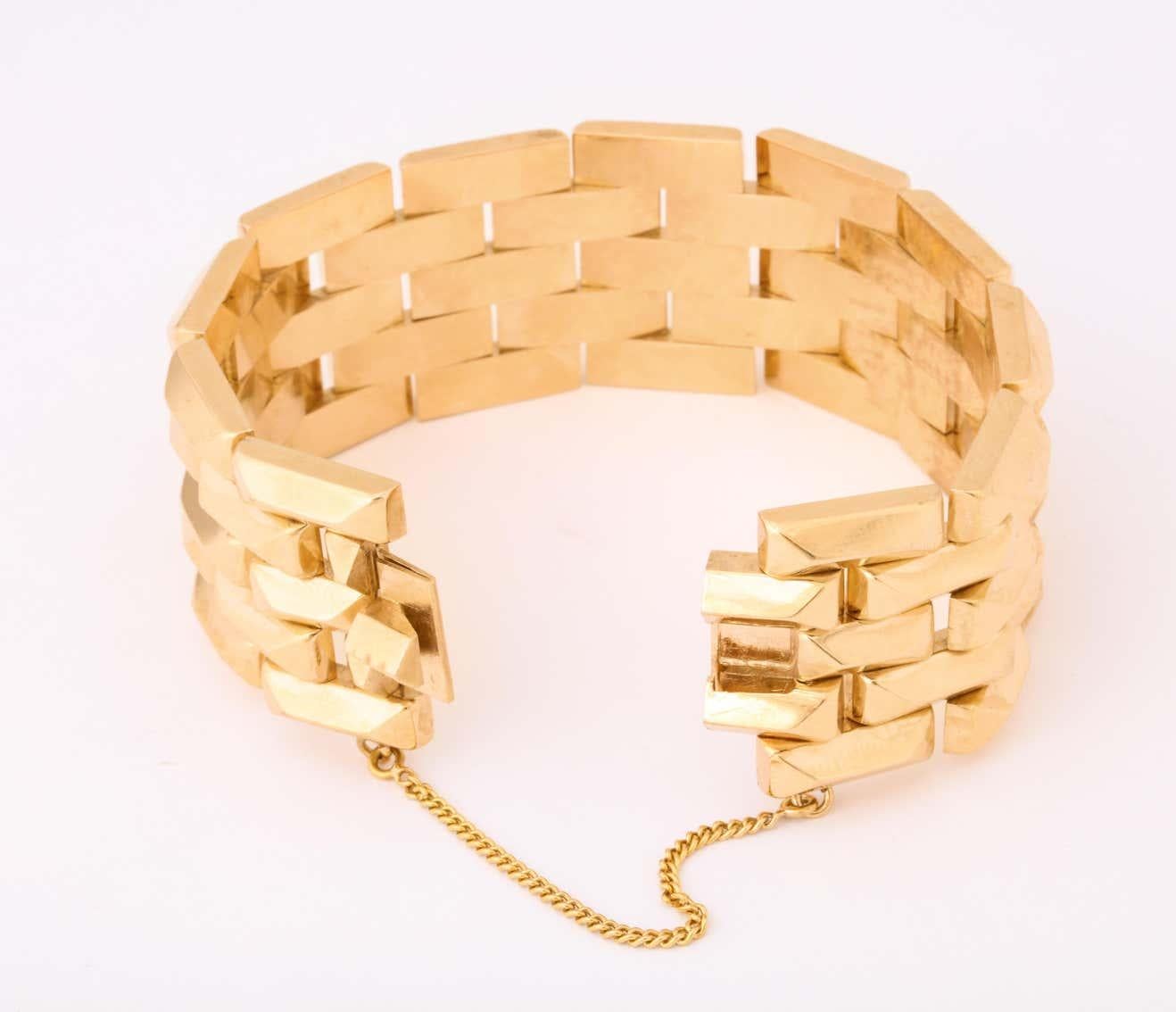 1940's Five Row Pyramid Block Design Flexible Buttery Gold Link Bracelet 6
