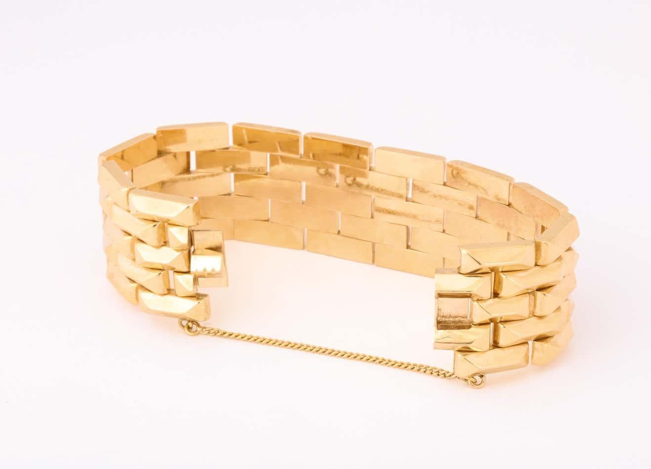 1940's Five Row Pyramid Block Design Flexible Buttery Gold Link Bracelet 8