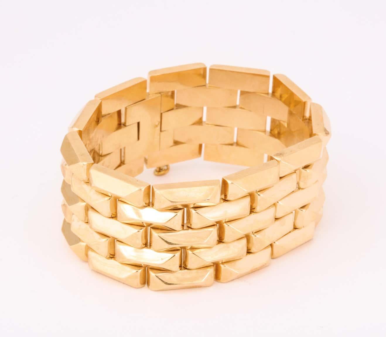 Women's 1940's Five Row Pyramid Block Design Flexible Buttery Gold Link Bracelet